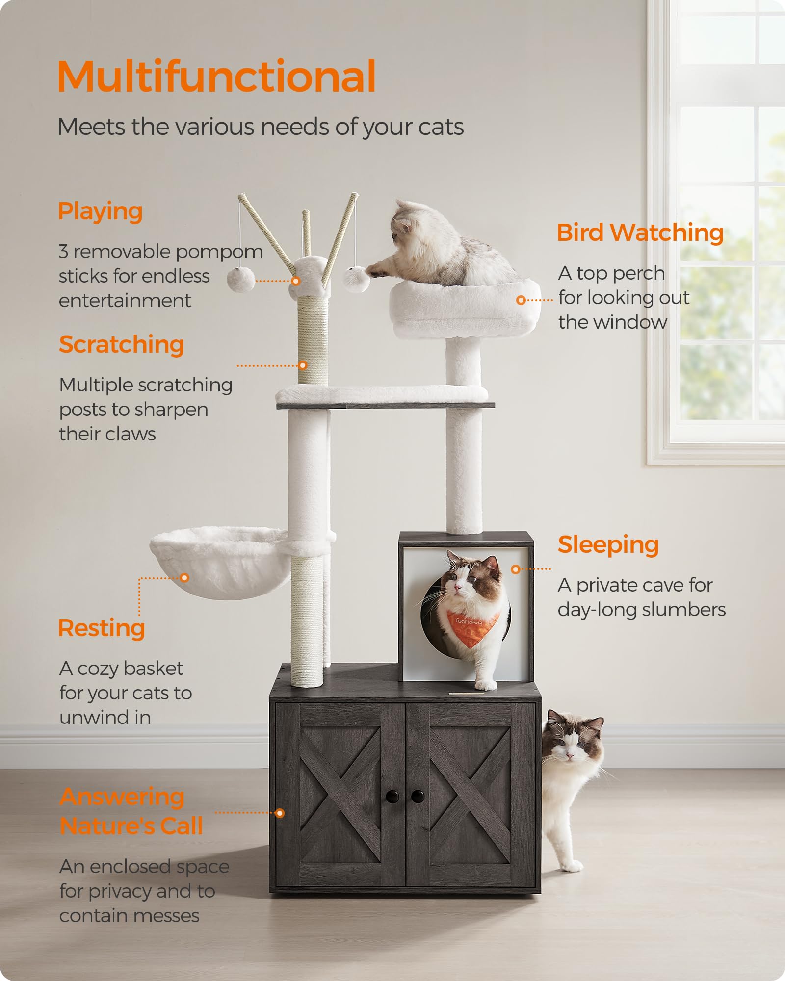 Feandrea Torre Rascador para Gato con Mueble para Arenero Integrado — Centro de Actividades 2 en 1 con Cojines Lavables y Postes de Sisal