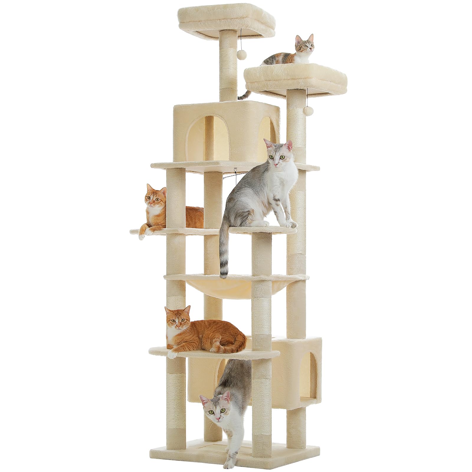 PAWZ Road 72-81 Inches Large Cat Tree, Tall Cat Tower with Large Mental Hammock for Indoor Cats Adults,7 Sisal-Covered Scratching Posts, 2 Padded Perches, Condos, and Basket