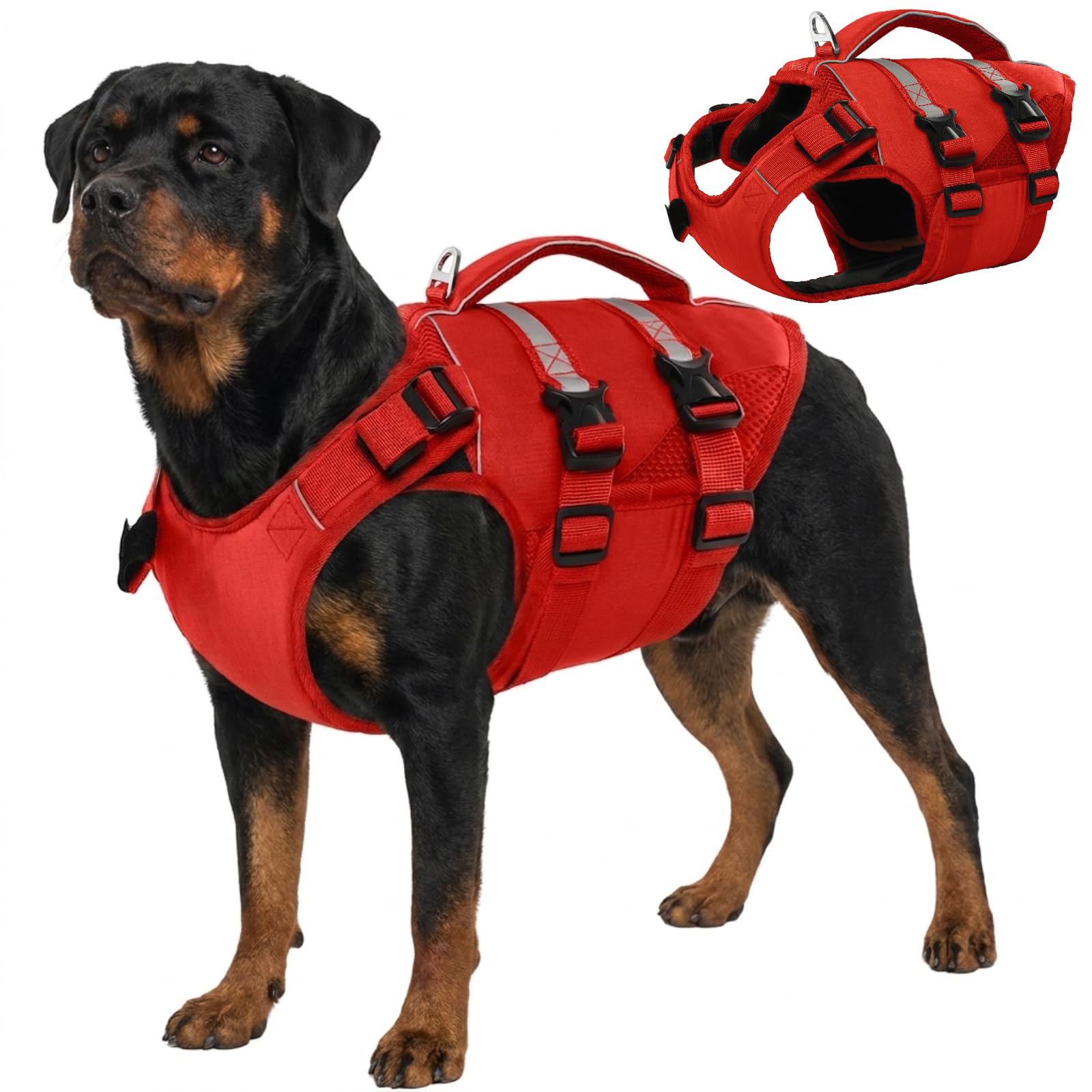 Kuoser — Chaleco Salvavidas con Alta Flotación, Tiras Reflectantes y Asa de Rescate para Perros