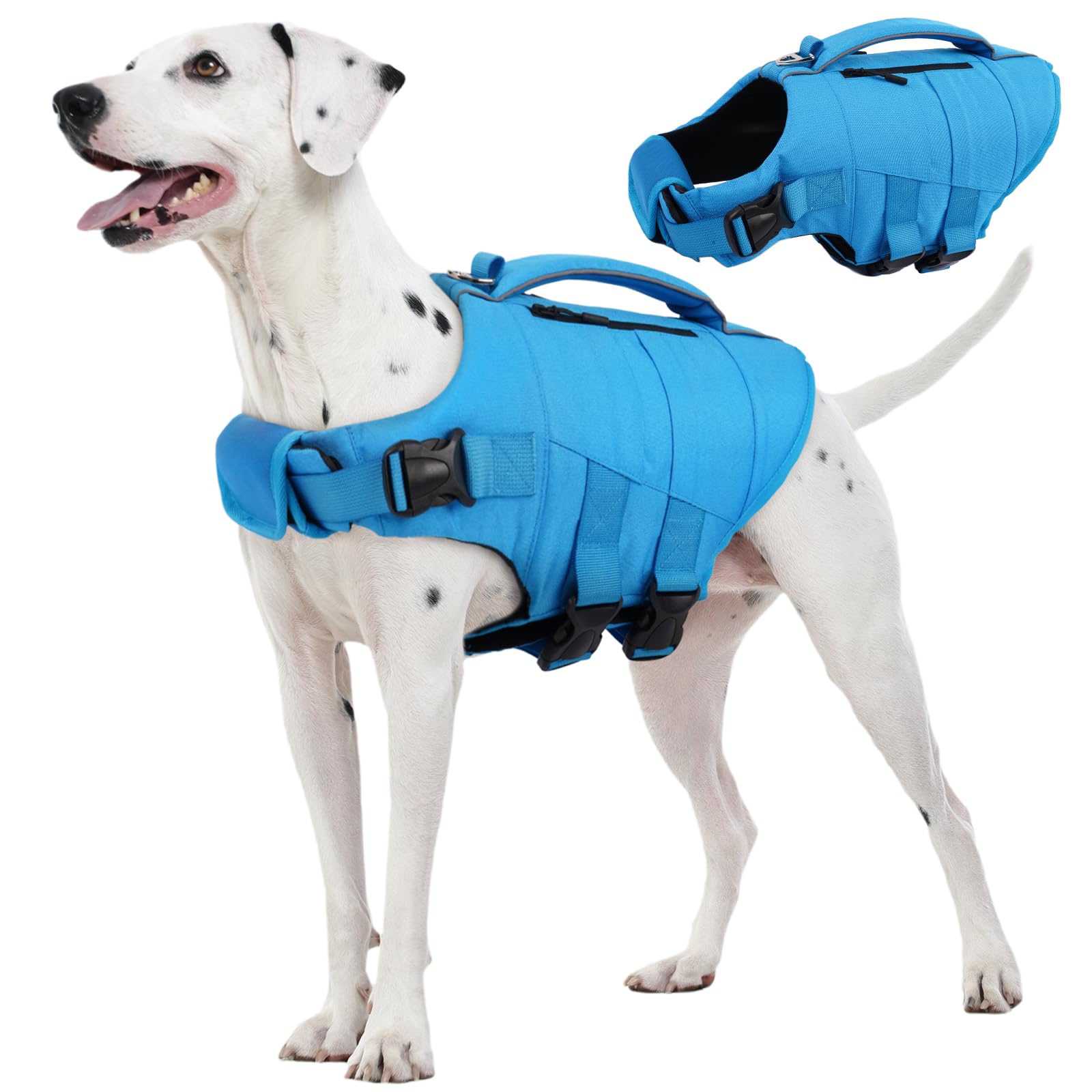 Kuoser — Chaleco Salvavidas con Alta Flotación, Tiras Reflectantes y Asa de Rescate para Perros