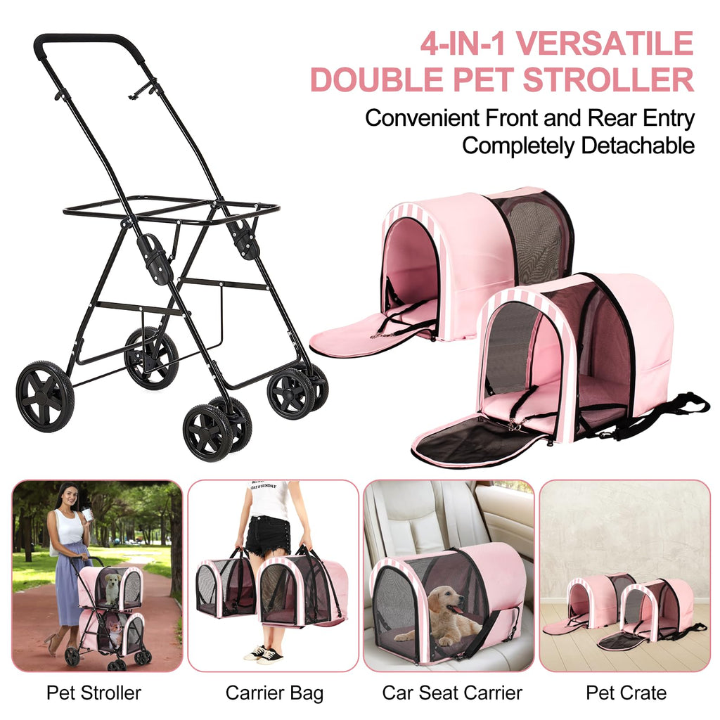 LPOTIUS Carriola Doble para Perros y Gatos con 2 Transportadoras Desmontables — Carreola Plegable con 4 Ruedas para Mascotas Pequeñas y Medianas