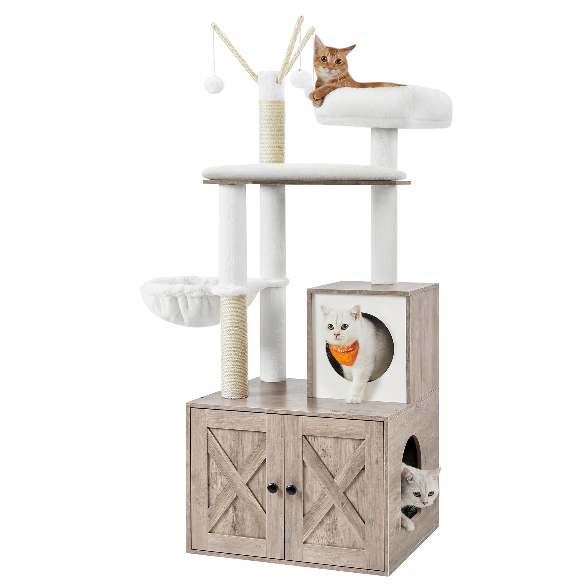 Feandrea Torre Rascador para Gato con Mueble para Arenero Integrado — Centro de Actividades 2 en 1 con Cojines Lavables y Postes de Sisal