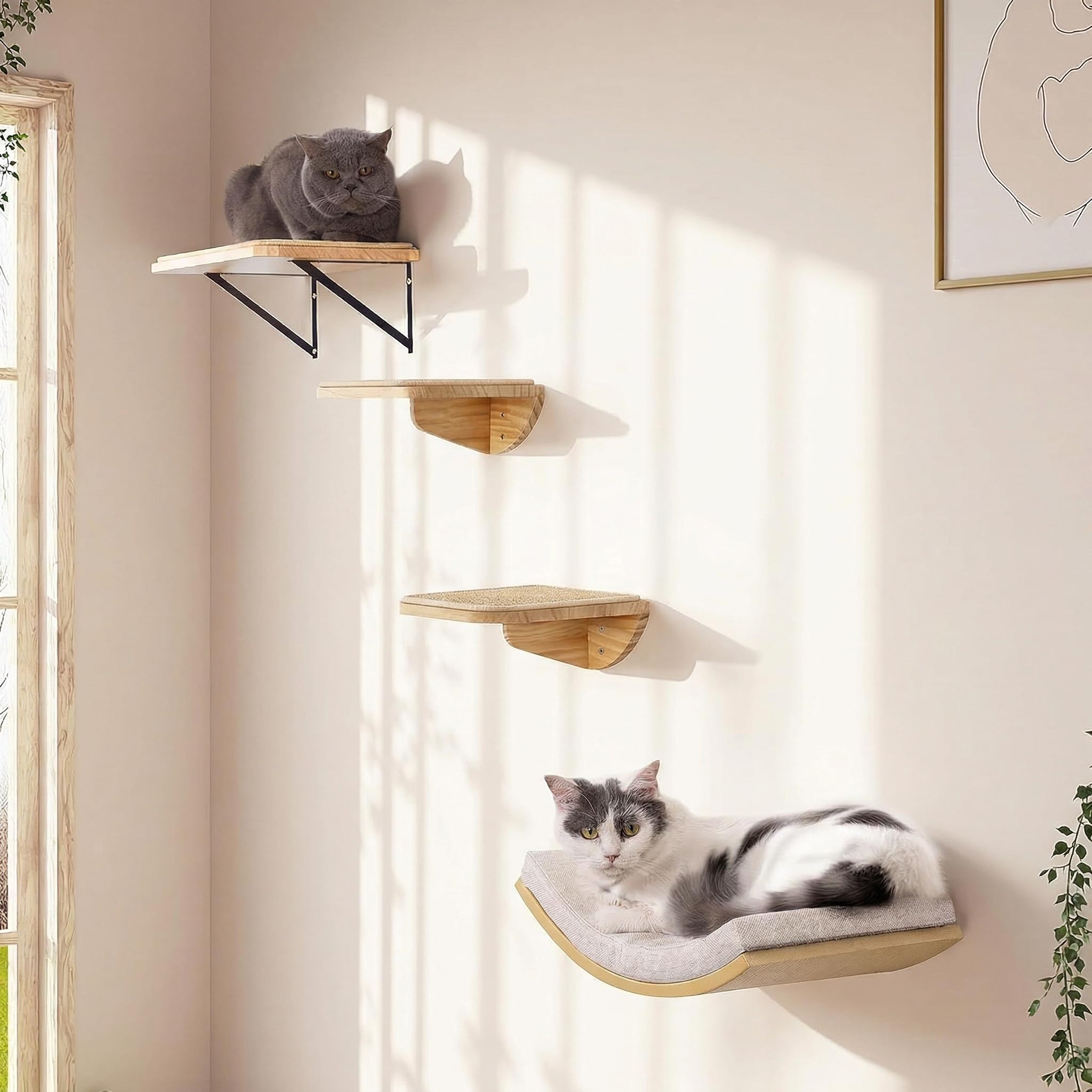 PELUO Curved — Cama Flotante para Gato con 2 Escalones de Pared y Percha de Ventana