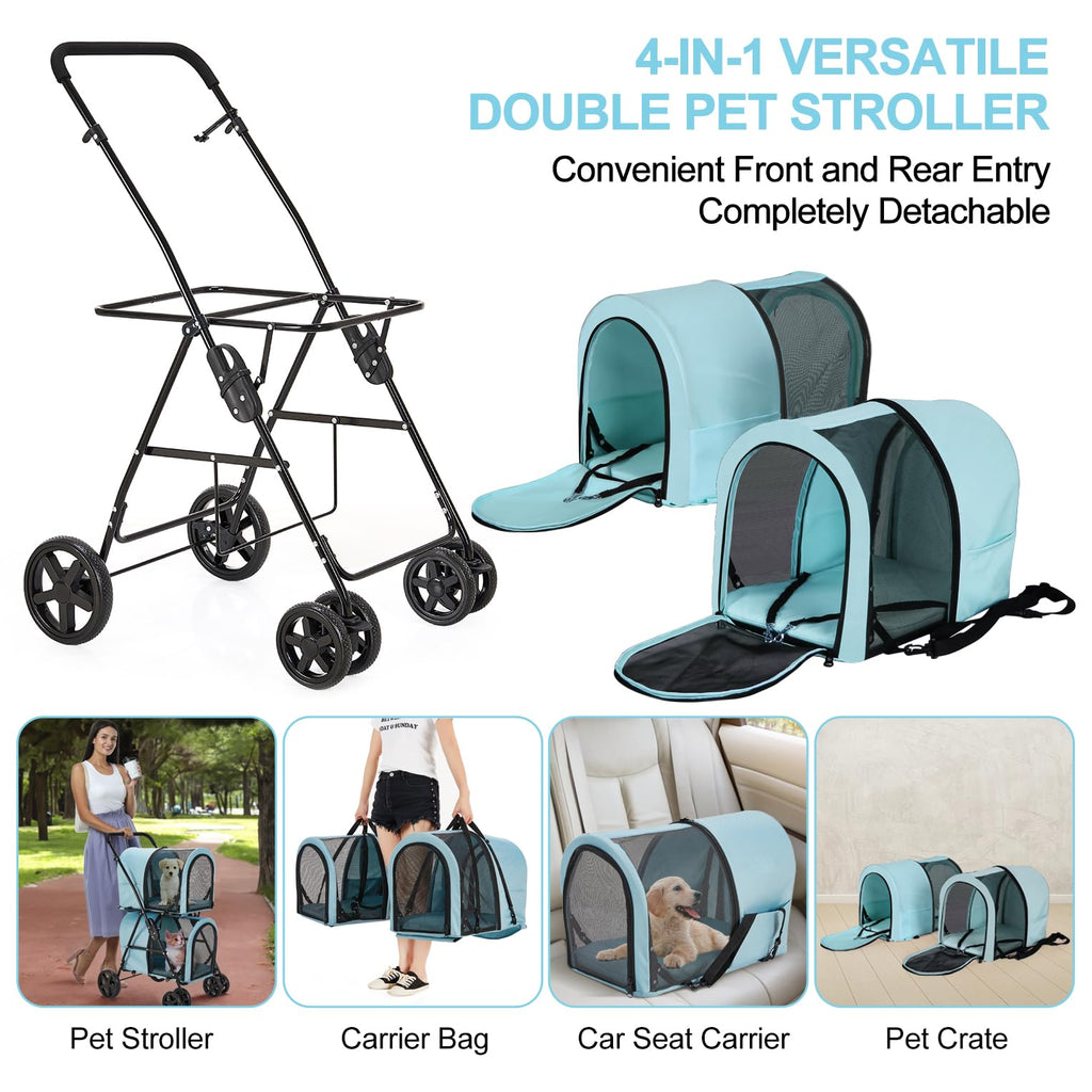 LPOTIUS Carriola Doble para Perros y Gatos con 2 Transportadoras Desmontables — Carreola Plegable con 4 Ruedas para Mascotas Pequeñas y Medianas