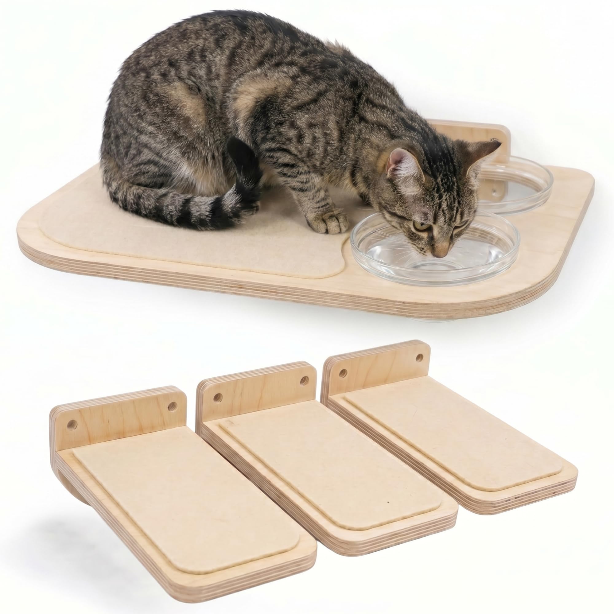 Estantes de Abedul para Gatos — Mueble de Pared con 3 Escalones y Tazones de Vidrio para Alimentación