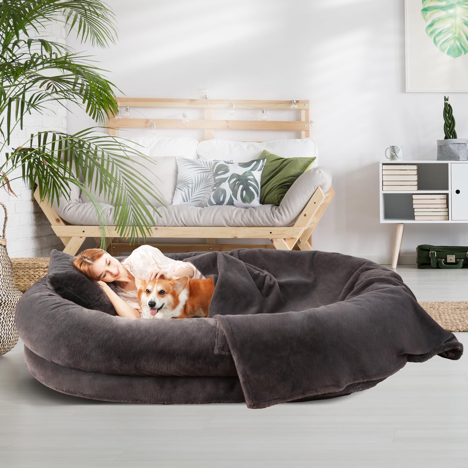 Cama Tamaño Humano para Perros y Adultos con Almohada y Cobija — Felpa Ortopédica Lavable y Removible para Mascotas Grandes
