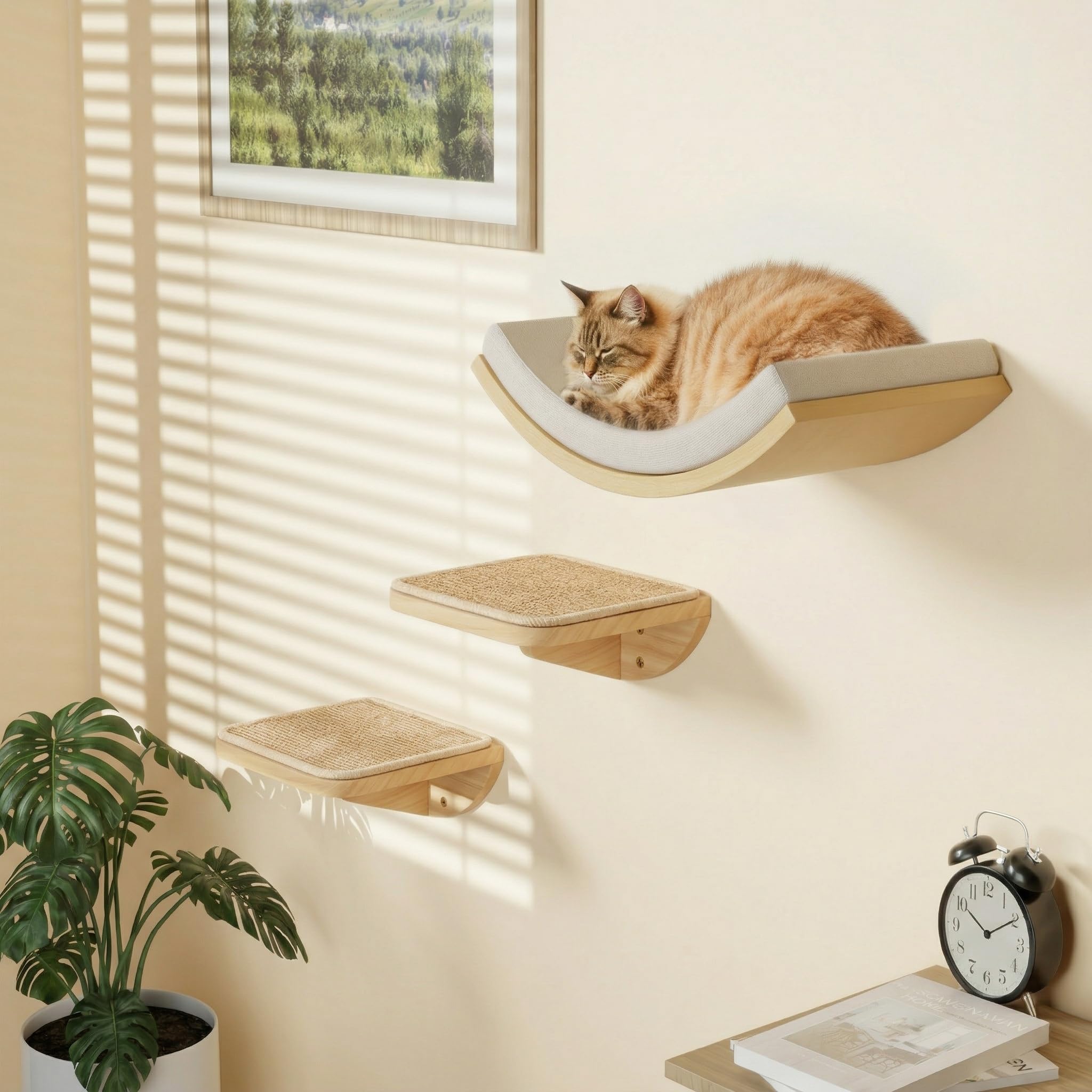 PELUO Curved — Cama Flotante para Gato con 2 Escalones de Pared y Percha de Ventana