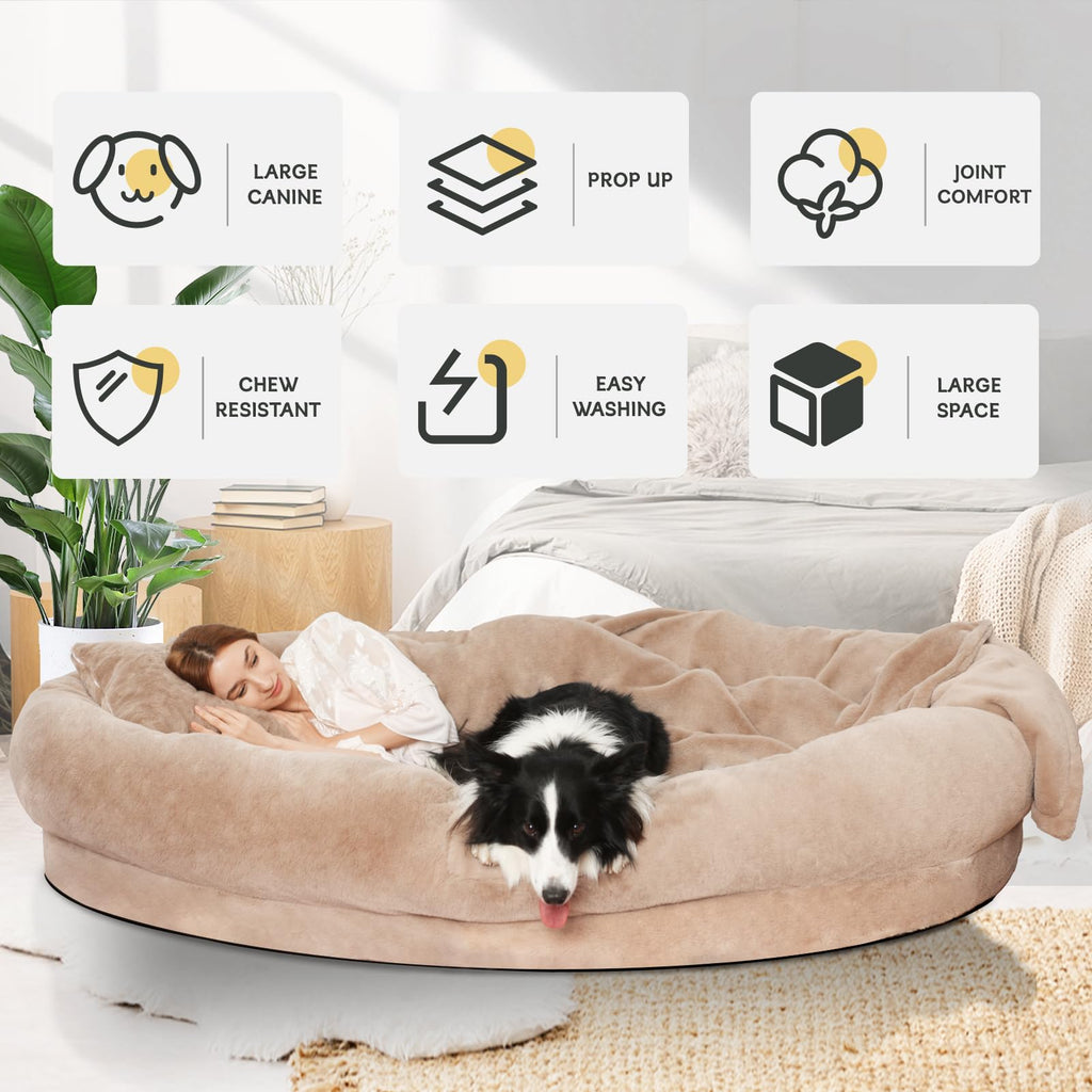 Cama Tamaño Humano para Perros y Adultos con Almohada y Cobija — Felpa Ortopédica Lavable y Removible para Mascotas Grandes