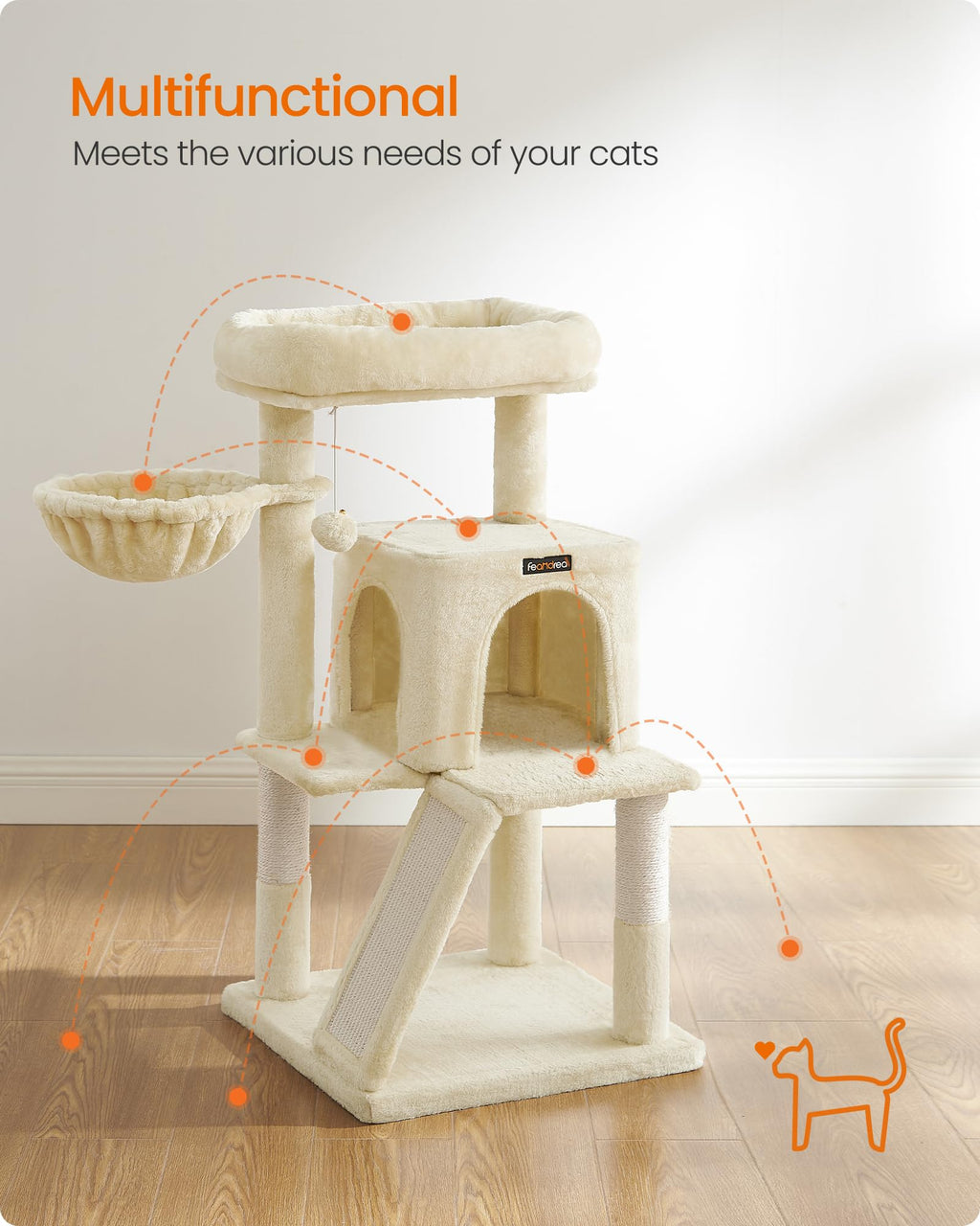 Feandrea Torre para Gatos Multinivel — Árbol Rascador con Percha Ampliada para Gatos Grandes y Cachorros, 96 cm