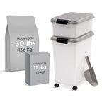 IRIS USA — Contenedor Hermético para Alimento de Perro y Gato, Combo 30 lbs y 11 lbs, Apilable con Ruedas y Taza Medidora de 2 Tazas