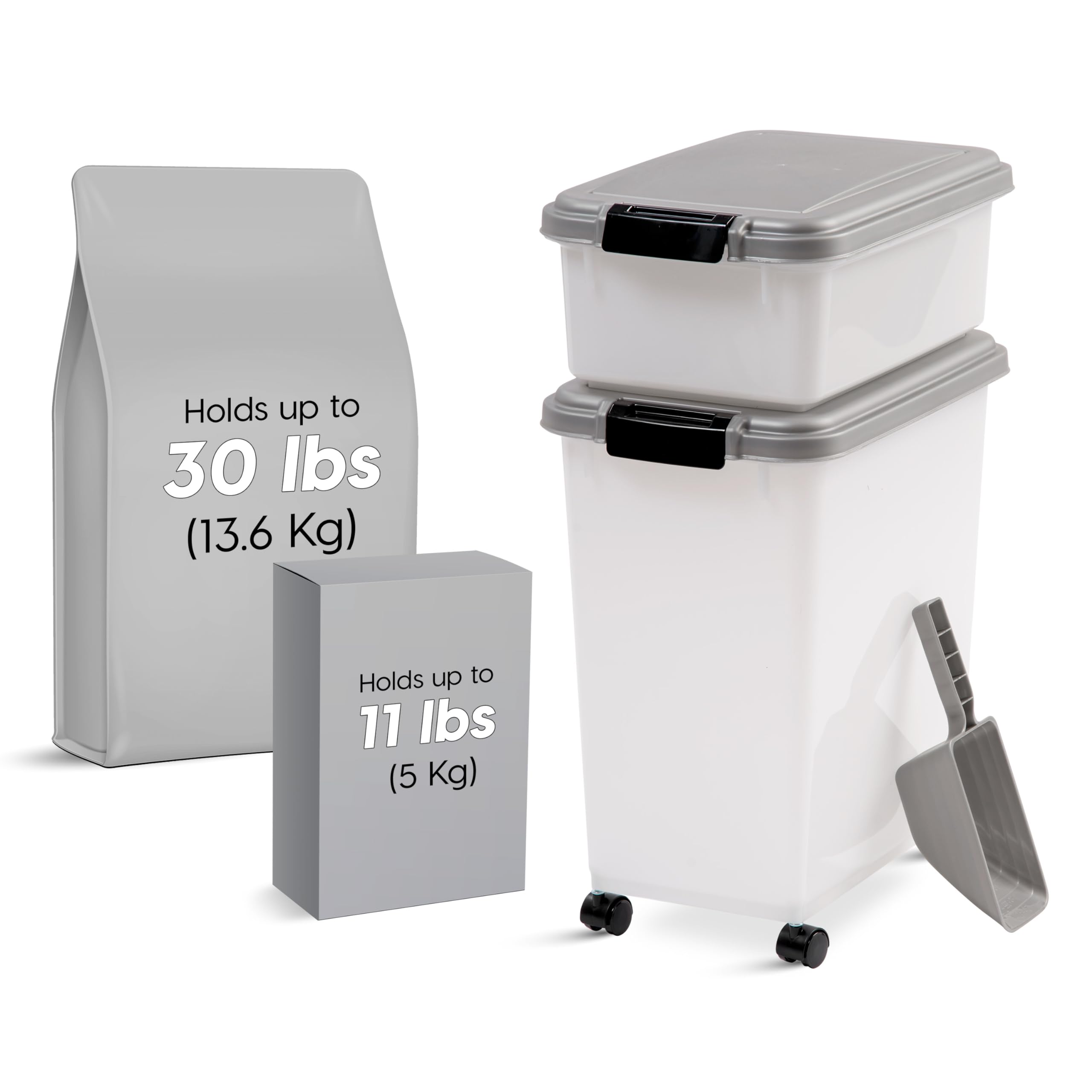 IRIS USA — Contenedor Hermético para Alimento de Perro y Gato, Combo 30 lbs y 11 lbs, Apilable con Ruedas y Taza Medidora de 2 Tazas