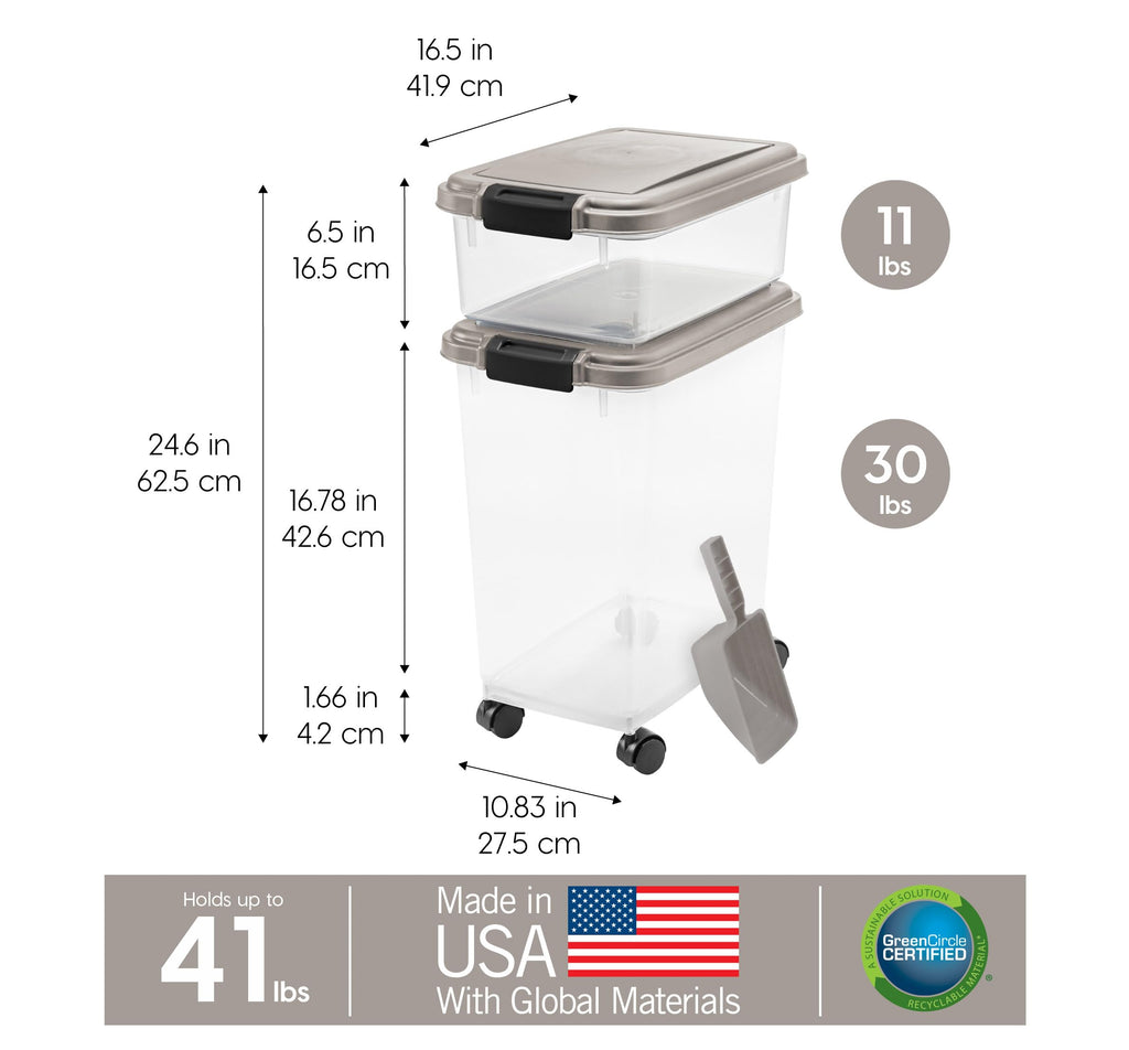 IRIS USA — Contenedor Hermético para Alimento de Perro y Gato, Combo 30 lbs y 11 lbs, Apilable con Ruedas y Taza Medidora de 2 Tazas