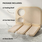 Estantes de Abedul para Gatos — Mueble de Pared con 3 Escalones y Tazones de Vidrio para Alimentación
