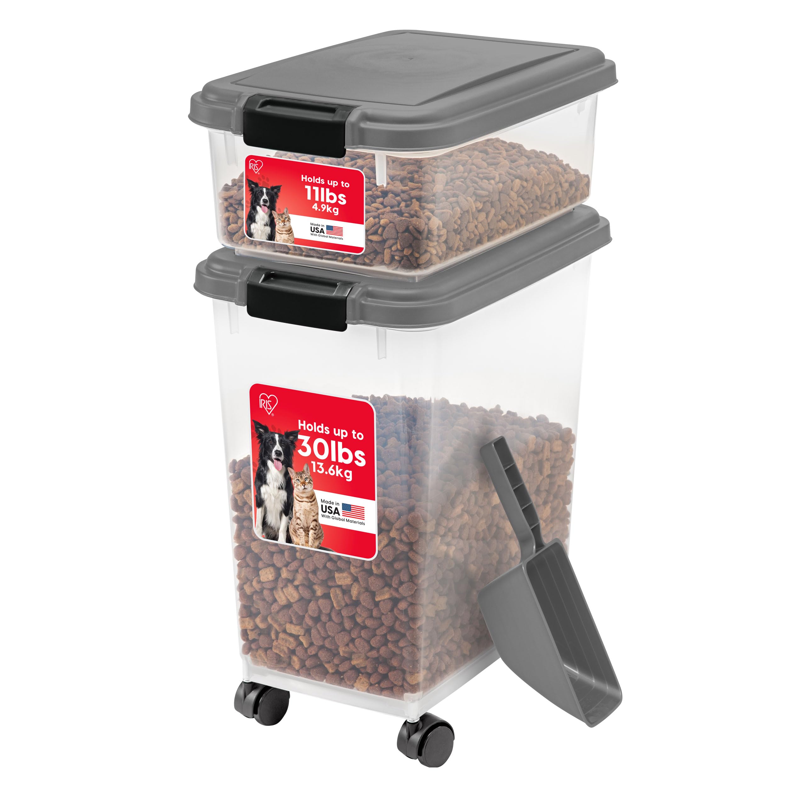 IRIS USA — Contenedor Hermético para Alimento de Perro y Gato, Combo 30 lbs y 11 lbs, Apilable con Ruedas y Taza Medidora de 2 Tazas