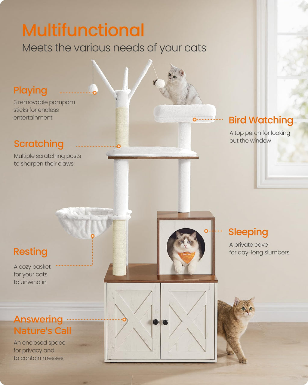 Feandrea Torre Rascador para Gato con Mueble para Arenero Integrado — Centro de Actividades 2 en 1 con Cojines Lavables y Postes de Sisal