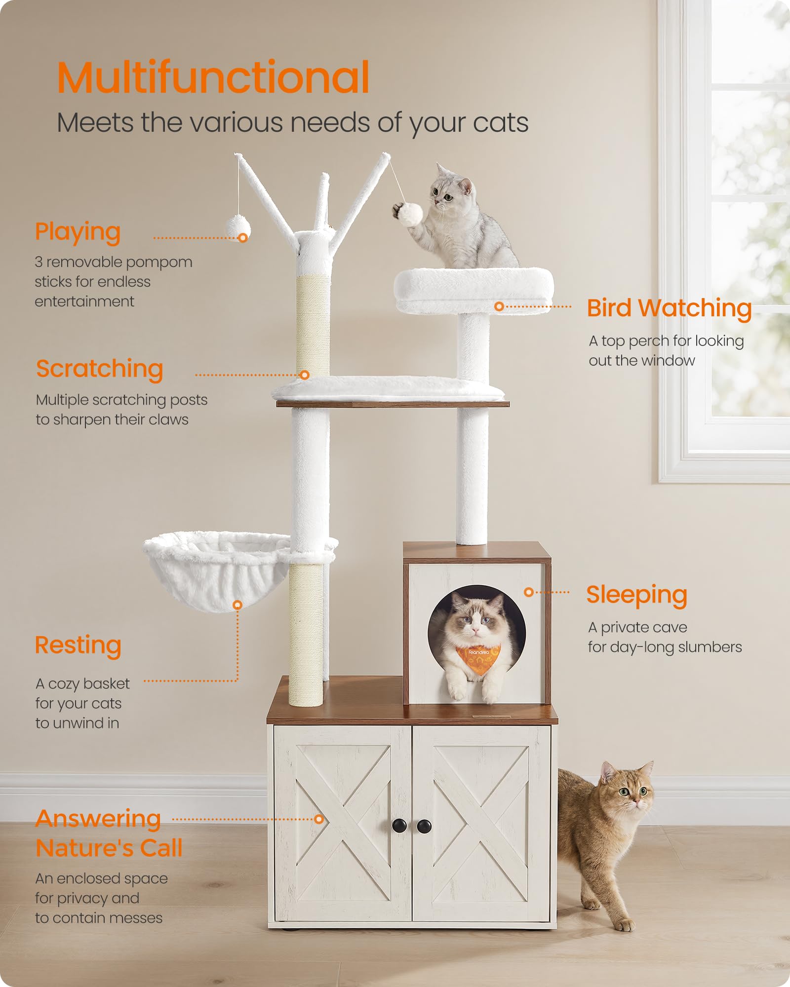 Feandrea Torre Rascador para Gato con Mueble para Arenero Integrado — Centro de Actividades 2 en 1 con Cojines Lavables y Postes de Sisal
