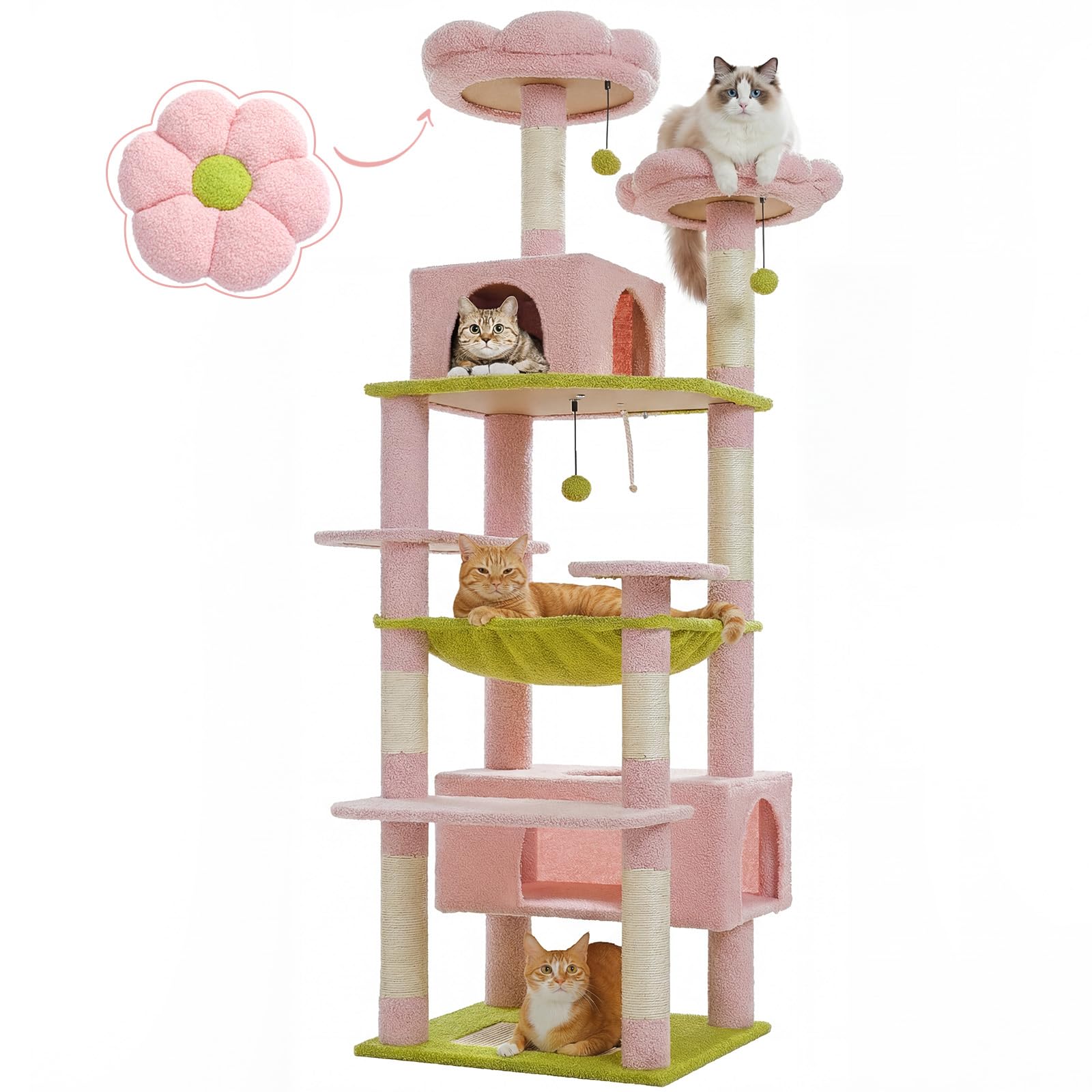 PAWZ Road 72-81 Inches Large Cat Tree, Tall Cat Tower with Large Mental Hammock for Indoor Cats Adults,7 Sisal-Covered Scratching Posts, 2 Padded Perches, Condos, and Basket