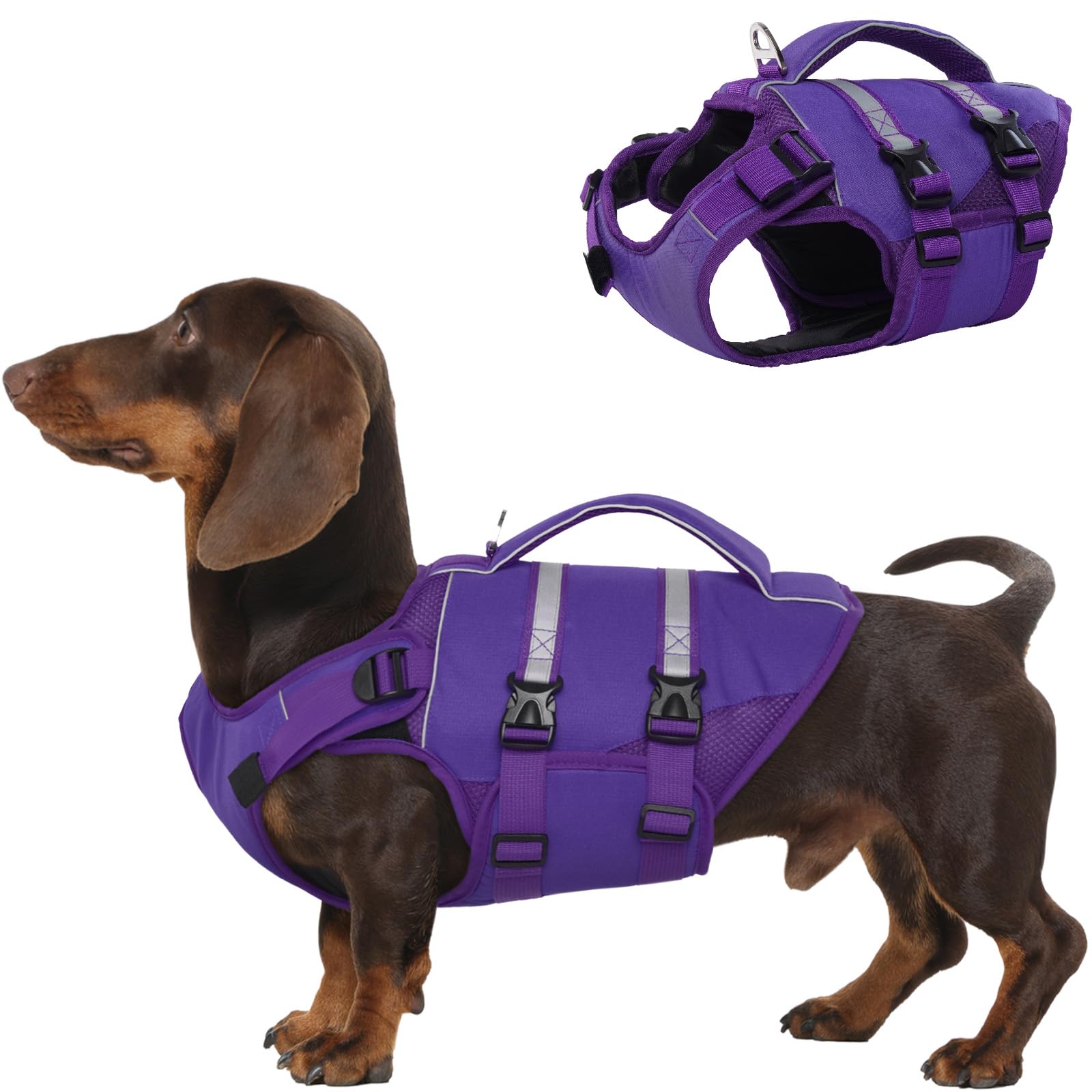 Kuoser — Chaleco Salvavidas con Alta Flotación, Tiras Reflectantes y Asa de Rescate para Perros