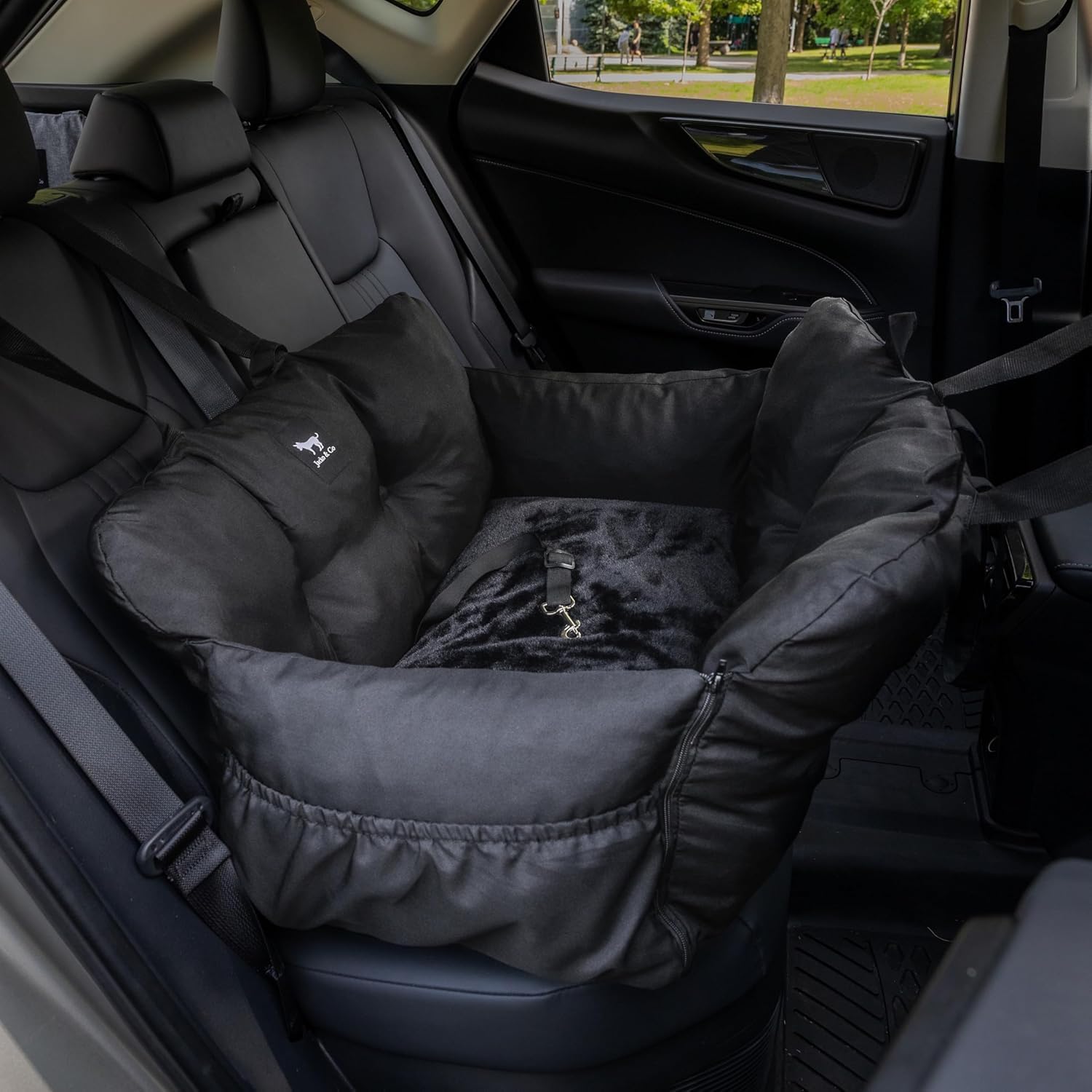 Jacko & Co — Asiento de Auto Premium para Perros Pequeños y Cachorros con Correa de Seguridad, Bolsillos de Almacenamiento y Funda Lavable a Máquina
