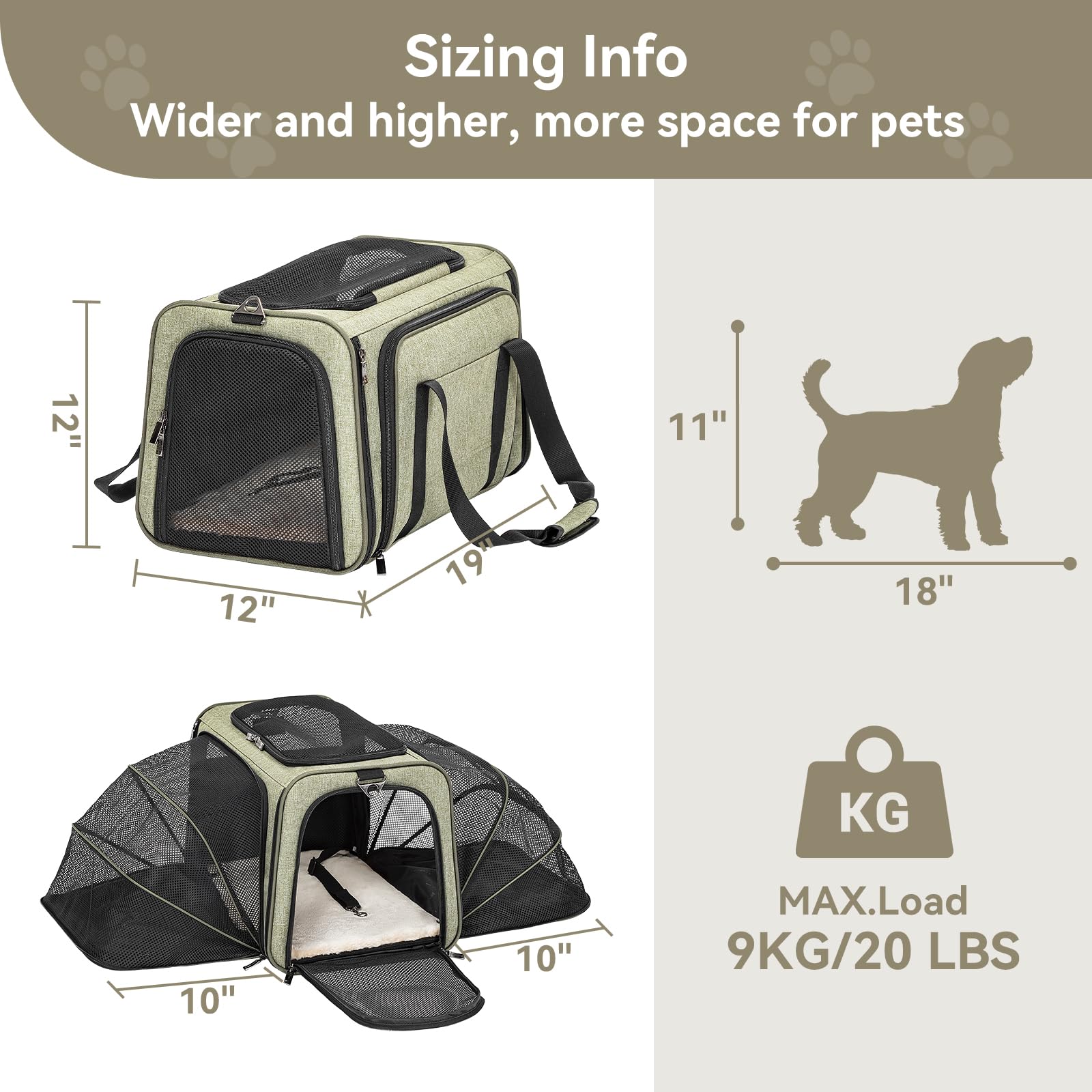 Petsfit — Transportadora Expandible para Gatos y Perros Pequeños, Aprobada por Aerolíneas, Plegable, Lavable y a Prueba de Escapes con 2 Paneles de Expansión