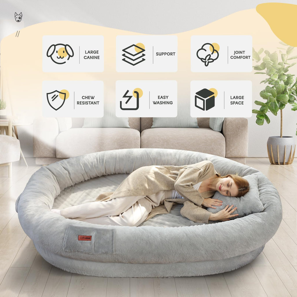 Cama Tamaño Humano para Perros y Adultos con Almohada y Cobija — Felpa Ortopédica Lavable y Removible para Mascotas Grandes