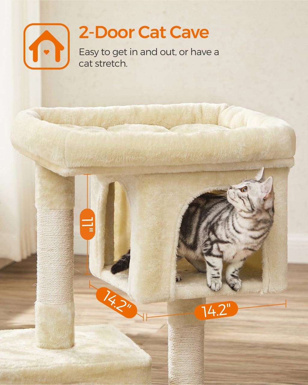 Feandrea — Torre Rascador para Gatos con Condo, Perchas y Postes de Sisal