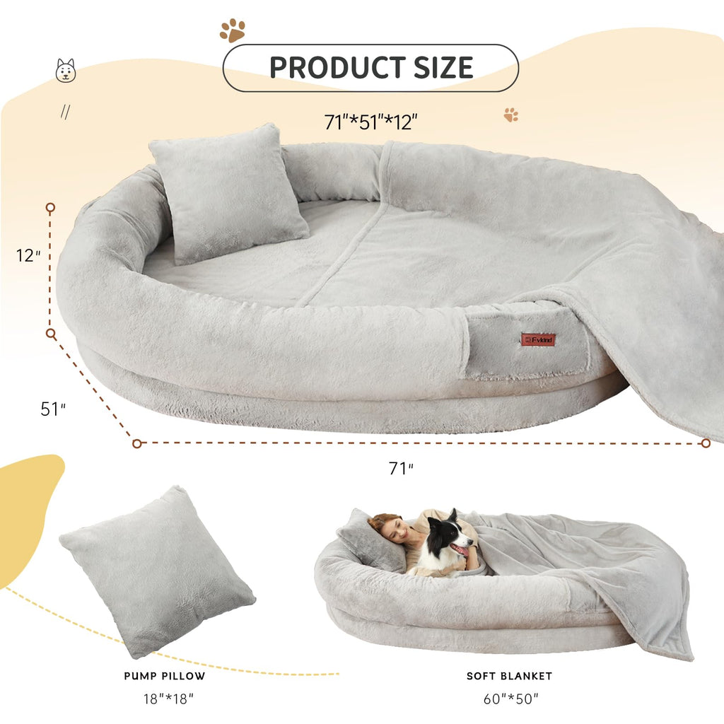 Cama Tamaño Humano para Perros y Adultos con Almohada y Cobija — Felpa Ortopédica Lavable y Removible para Mascotas Grandes
