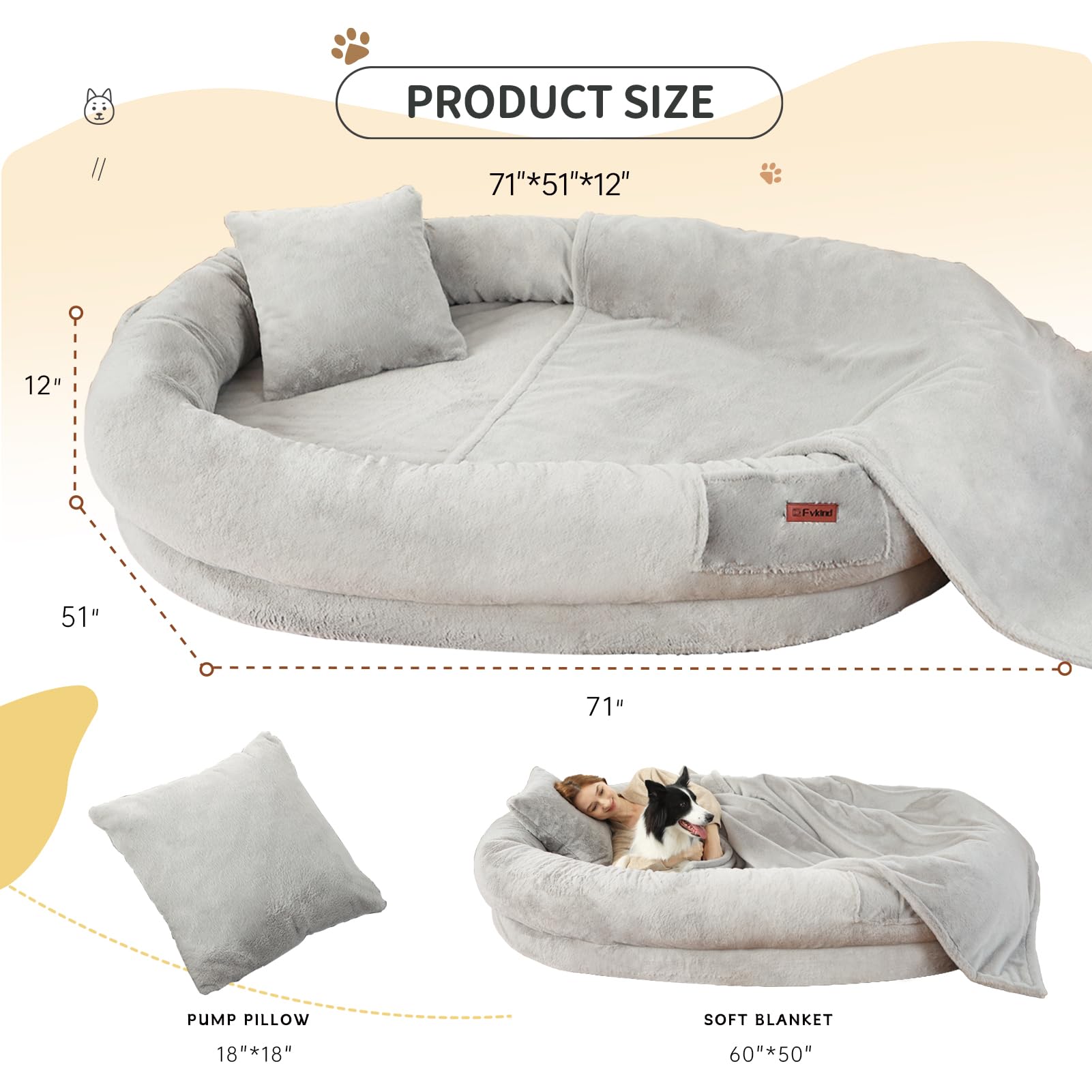 Cama Tamaño Humano para Perros y Adultos con Almohada y Cobija — Felpa Ortopédica Lavable y Removible para Mascotas Grandes