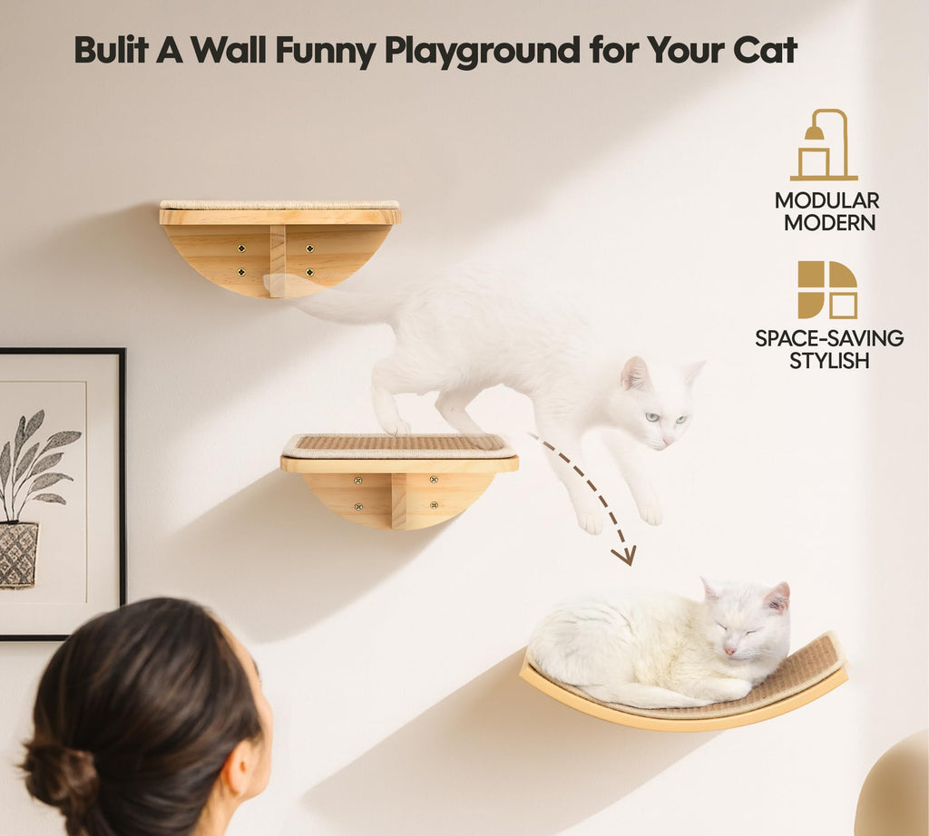 PELUO Curved — Cama Flotante para Gato con 2 Escalones de Pared y Percha de Ventana