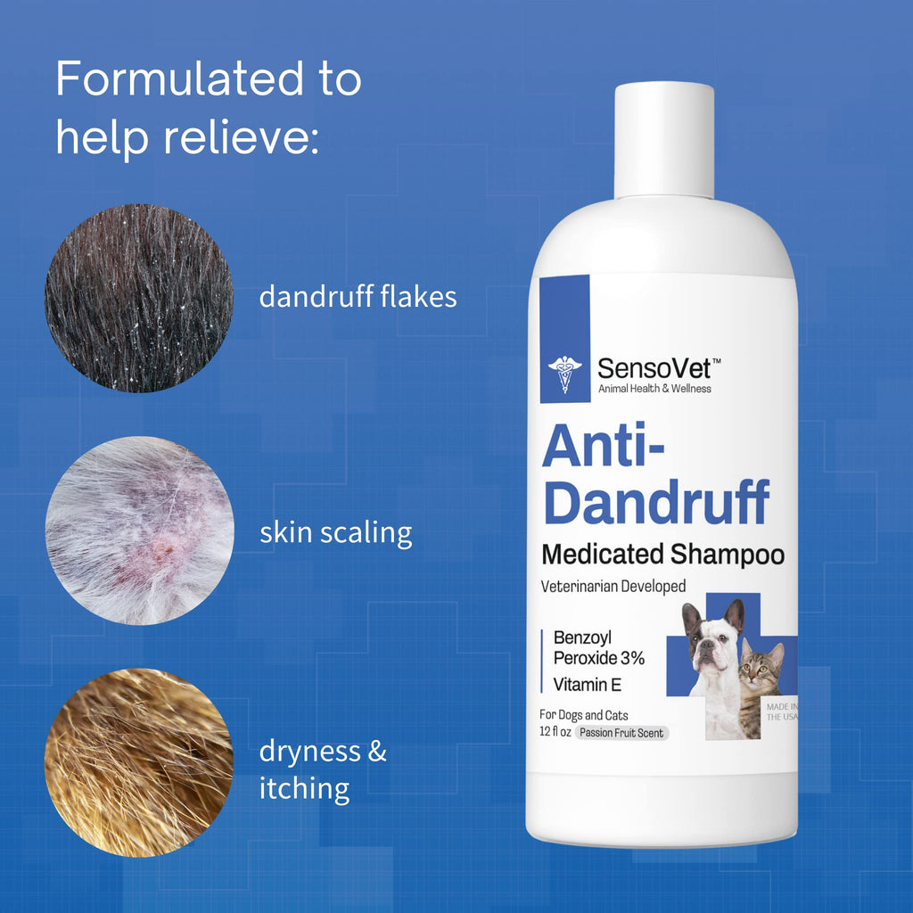 SensoVet Shampoo Anticaspa para Perros y Gatos con Peróxido de Benzoilo y Vitamina E — Alivio para Piel Seca, Seborrea, Foliculitis, Dermatitis, Acné y Descamación — 355 ml (12 oz)