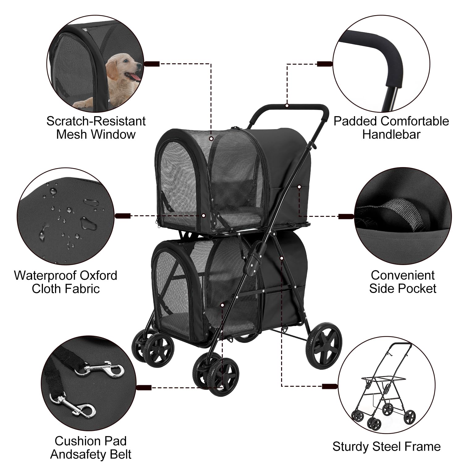LPOTIUS Carriola Doble para Perros y Gatos con 2 Transportadoras Desmontables — Carreola Plegable con 4 Ruedas para Mascotas Pequeñas y Medianas