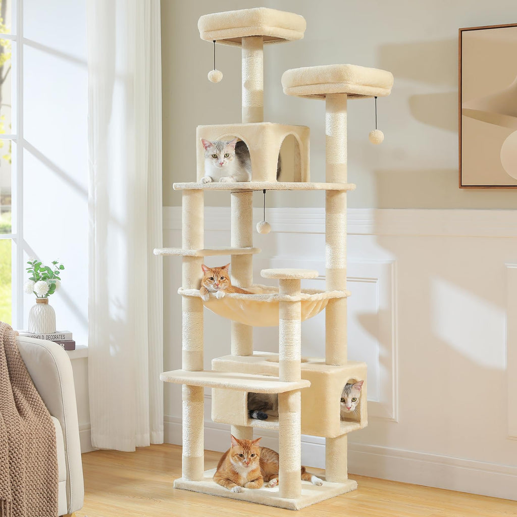PAWZ Road 72-81 Inches Large Cat Tree, Tall Cat Tower with Large Mental Hammock for Indoor Cats Adults,7 Sisal-Covered Scratching Posts, 2 Padded Perches, Condos, and Basket