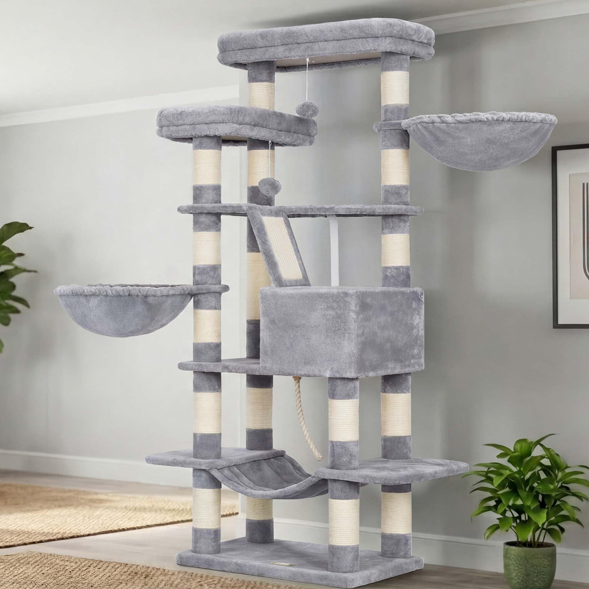 Heybly Torre para Gatos Grandes — Árbol Multinivel con Perchas Anchas, Cueva y Tablero Rascador para Gatos de hasta 9 kg