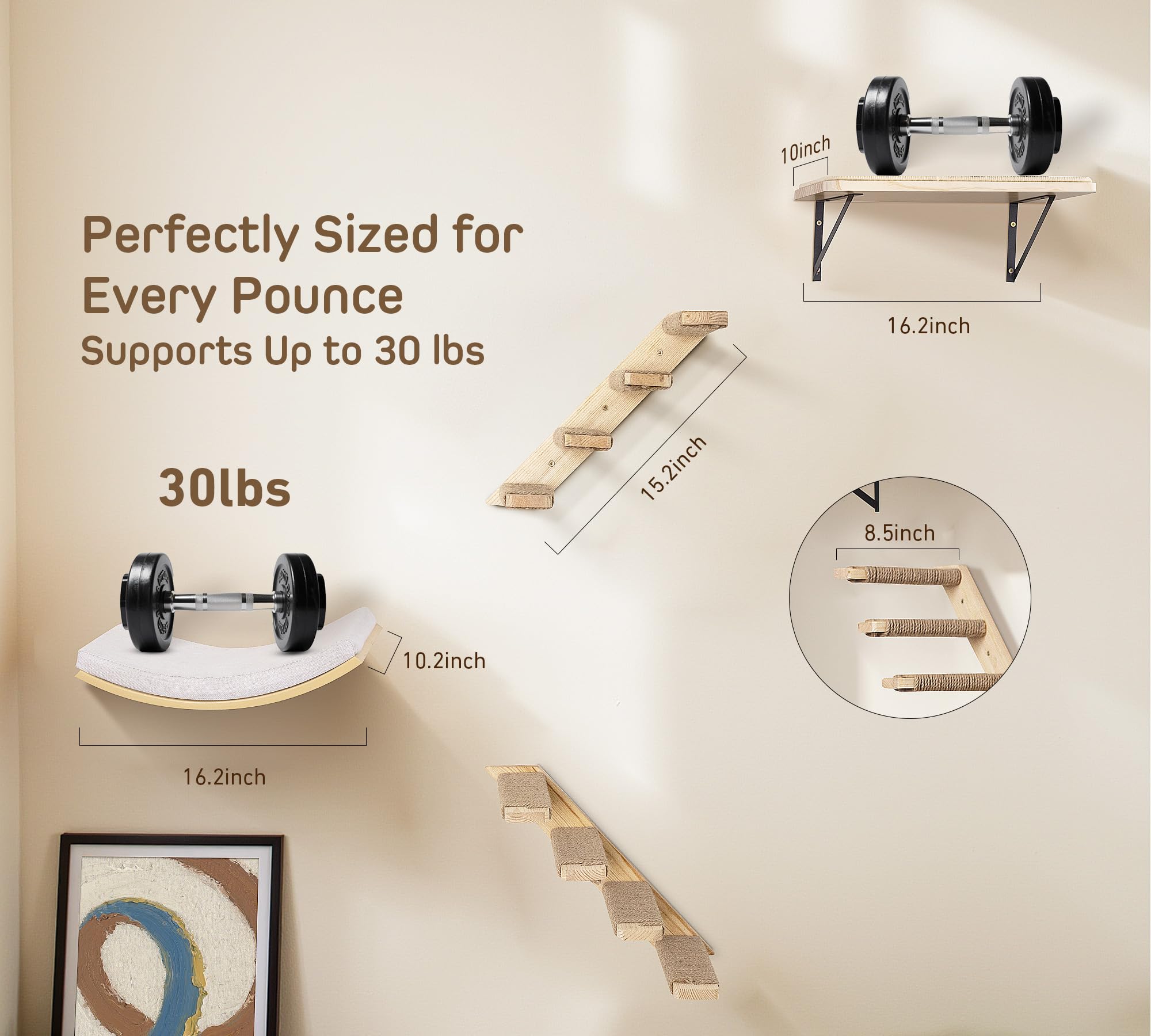 PELUO Curved — Cama Flotante para Gato con 2 Escalones de Pared y Percha de Ventana