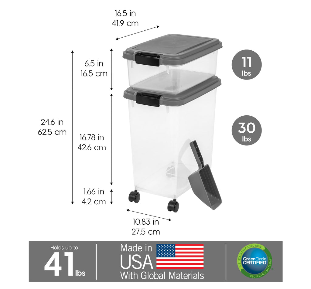 IRIS USA — Contenedor Hermético para Alimento de Perro y Gato, Combo 30 lbs y 11 lbs, Apilable con Ruedas y Taza Medidora de 2 Tazas