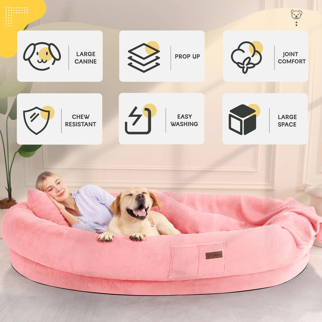 Cama Tamaño Humano para Perros y Adultos con Almohada y Cobija — Felpa Ortopédica Lavable y Removible para Mascotas Grandes