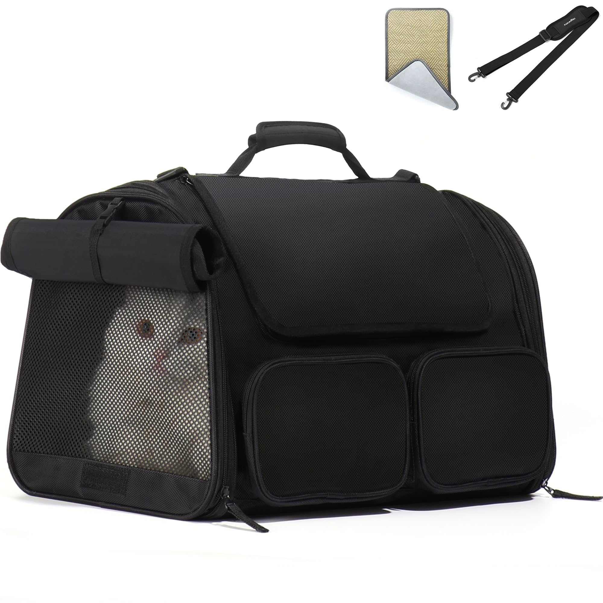 FUKUMARU — Transportadora para Gato y Perro Pequeño Aprobada por Aerolíneas con 4 Puertas de Acceso y Cojín Lavable