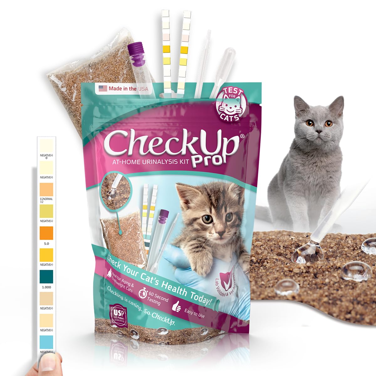KIT4CAT CheckUp — Kit de Análisis de Orina en Casa para Gato | Arena Hidrofóbica + 2 Tiras Reactivas para 10 Parámetros