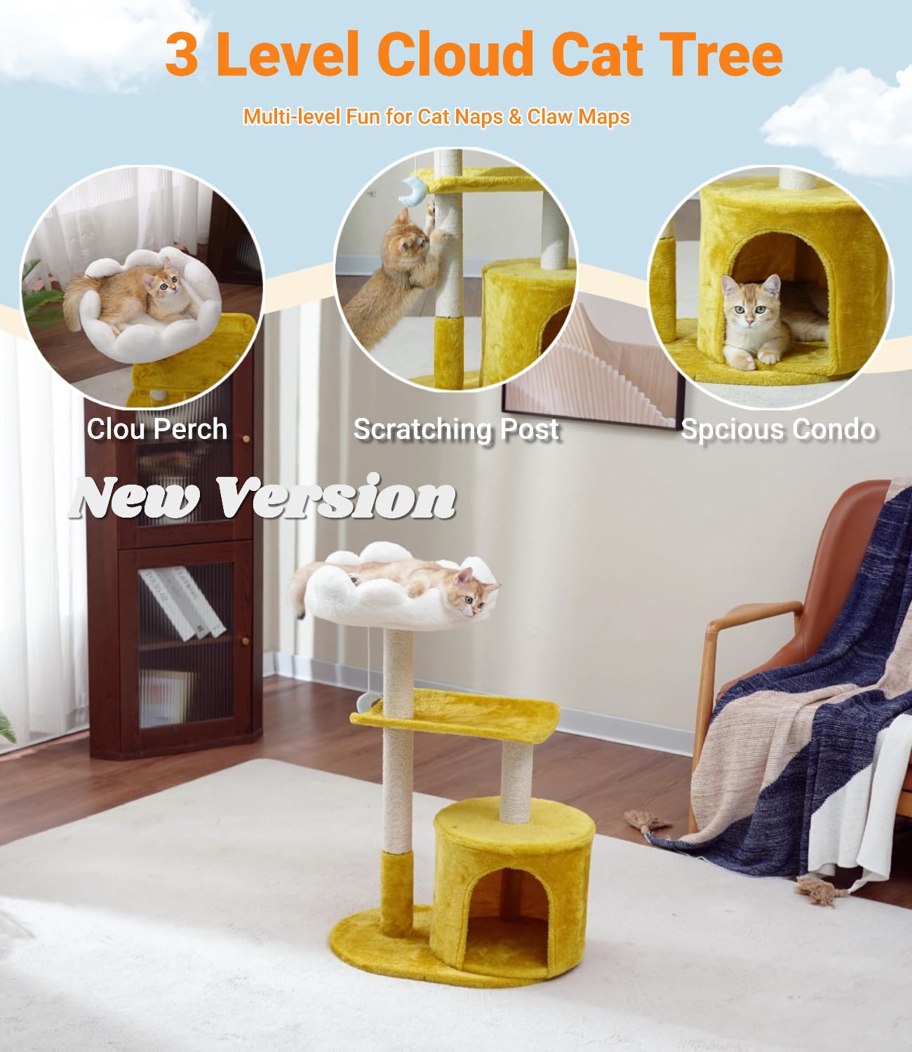 Happi N Pets Cloud — Torre Rascador con Cama, Percha y Juguetes para Gato
