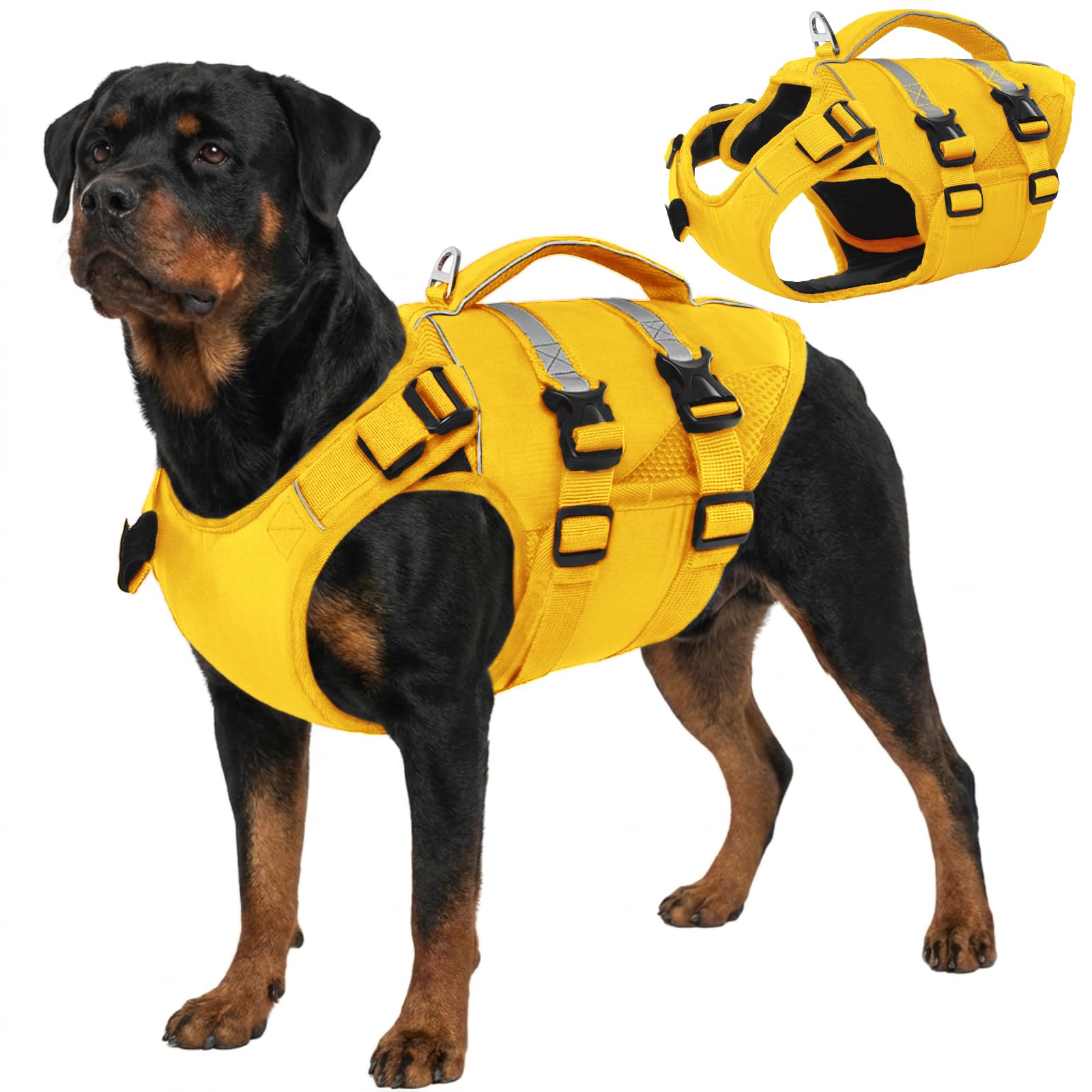 Kuoser — Chaleco Salvavidas con Alta Flotación, Tiras Reflectantes y Asa de Rescate para Perros