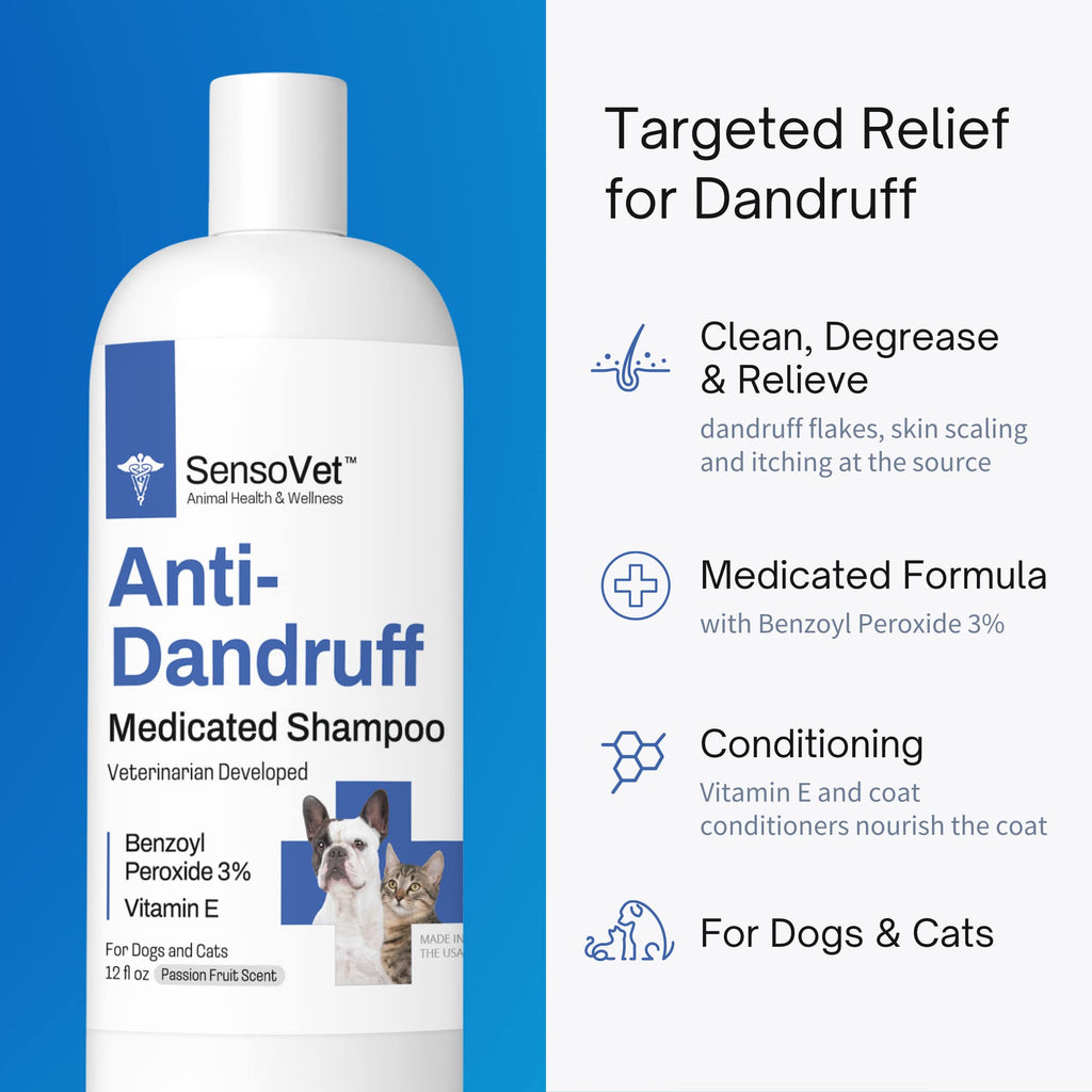 SensoVet Shampoo Anticaspa para Perros y Gatos con Peróxido de Benzoilo y Vitamina E — Alivio para Piel Seca, Seborrea, Foliculitis, Dermatitis, Acné y Descamación — 355 ml (12 oz)