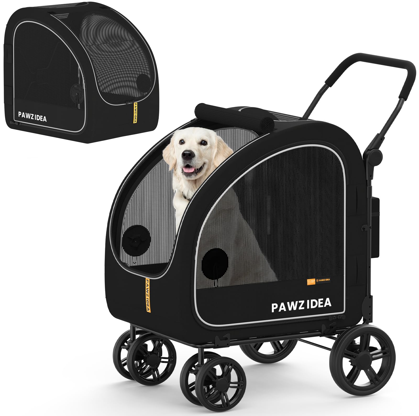 PAWZIDEA 3-in-1 Large Dog Stroller with Detachable Carrier up to 80lbs, Portable Dog Car Crate & Travel Kennel, Foldable Pet Stroller for 2 Medium Dogs, All-Terrain 9” Jogger Wheels, Adjustable Handle