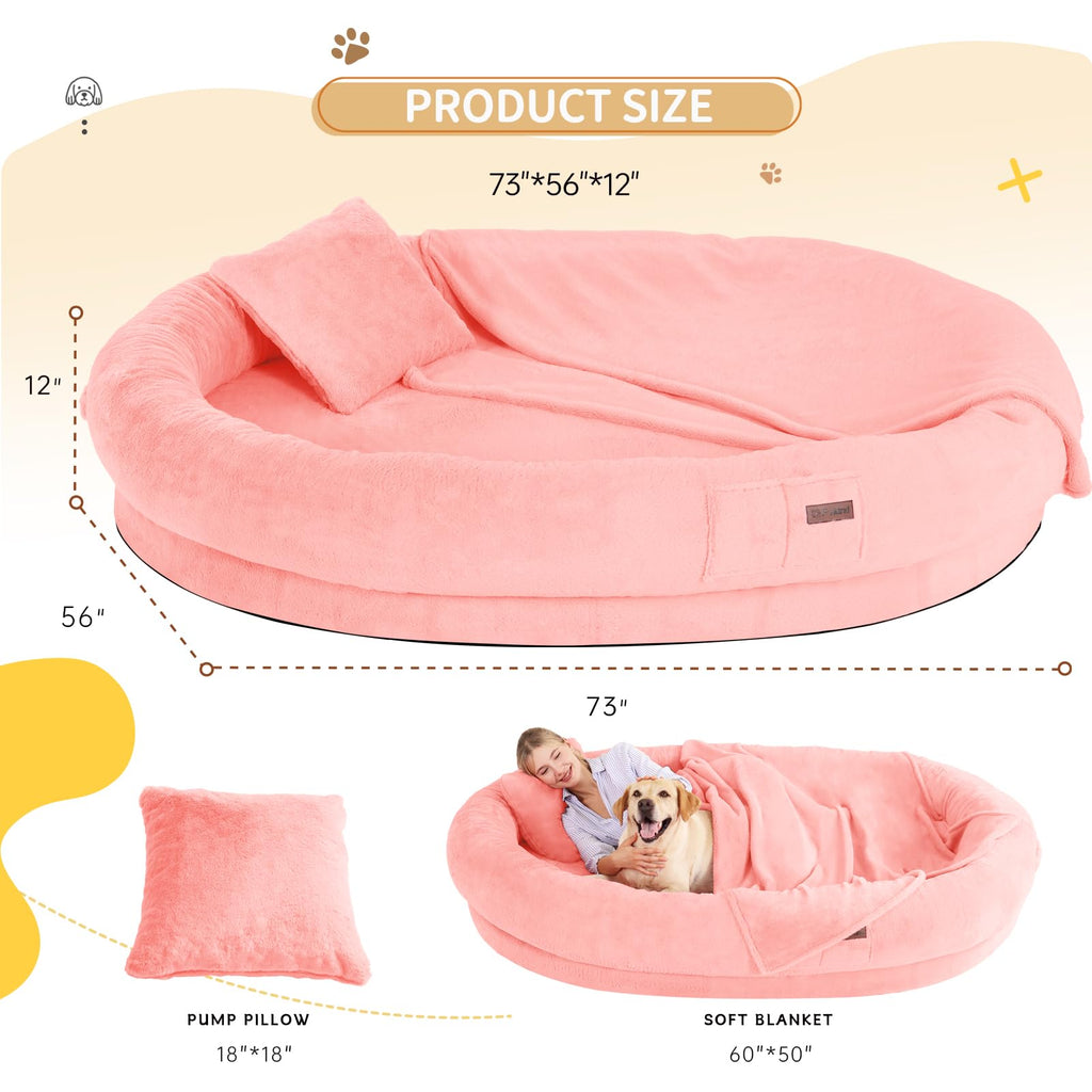 Cama Tamaño Humano para Perros y Adultos con Almohada y Cobija — Felpa Ortopédica Lavable y Removible para Mascotas Grandes