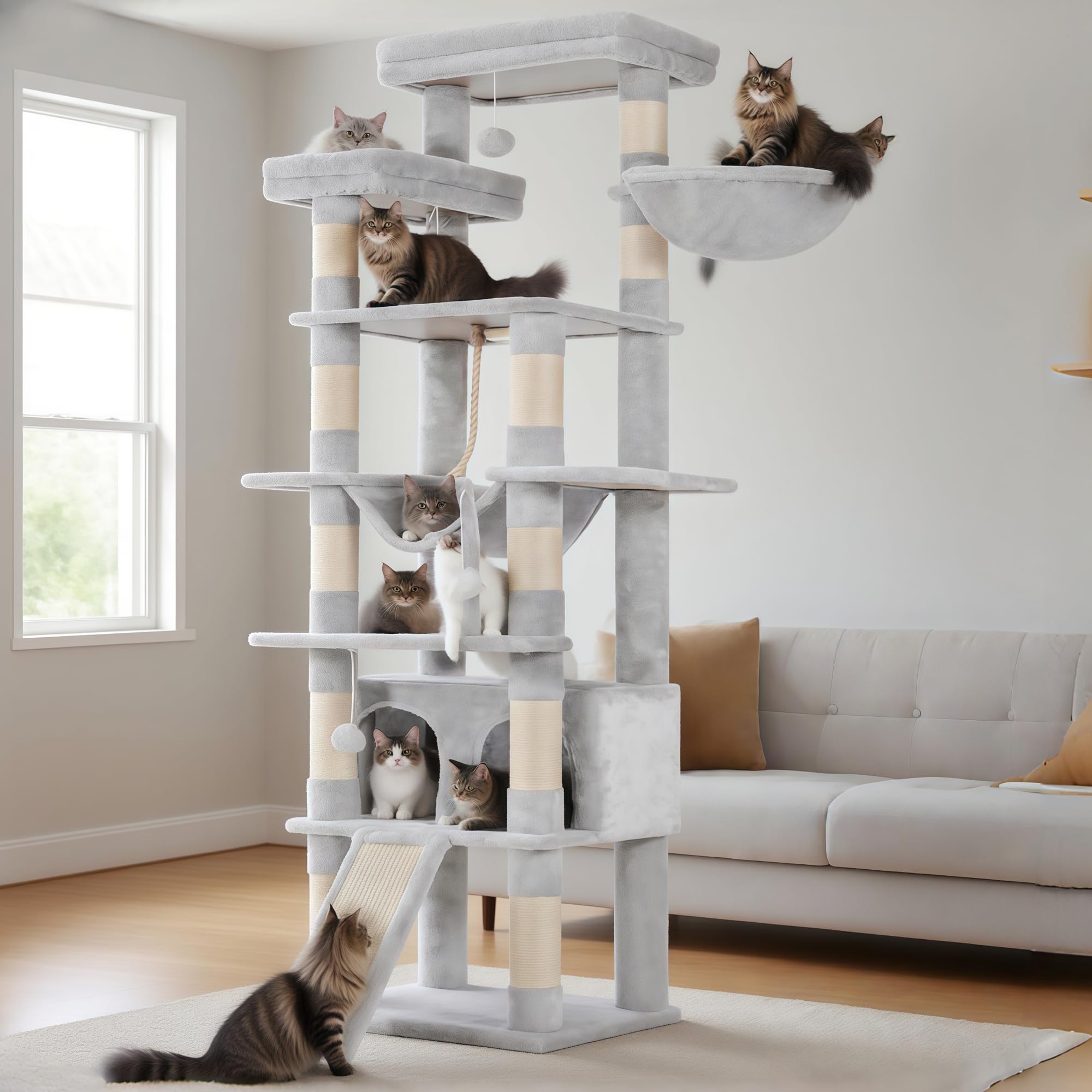 Heybly Torre para Gatos Grandes — Árbol Multinivel con Perchas Anchas, Cueva y Tablero Rascador para Gatos de hasta 9 kg