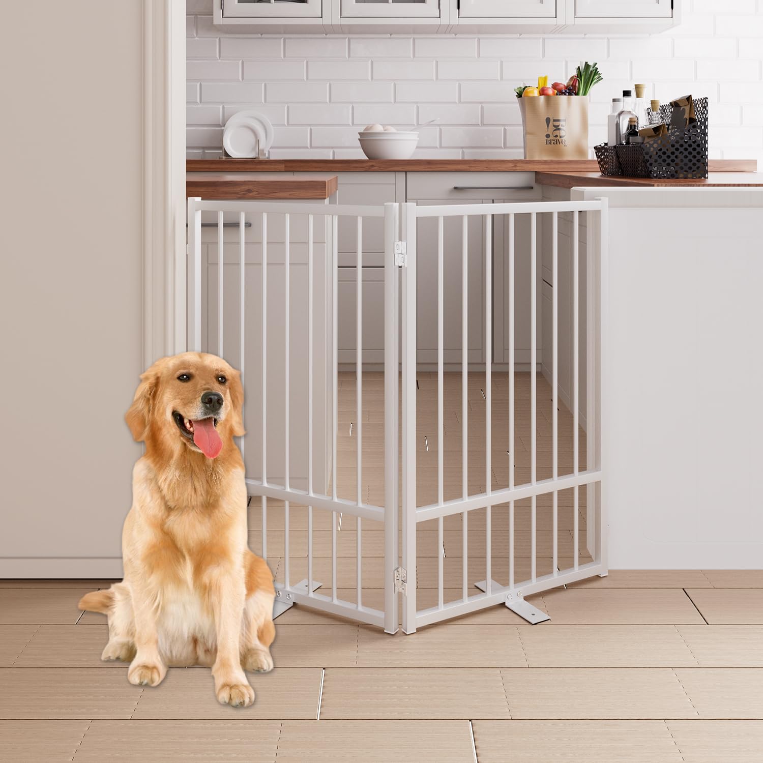 Corralito y Reja Divisoria de Metal para Perros — Puerta Abatible, Plegable y Autoportante para Interiores