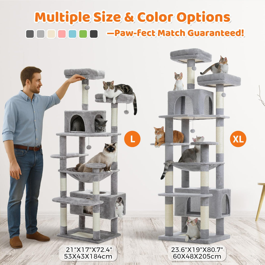 PAWZ Road 72-81 Inches Large Cat Tree, Tall Cat Tower with Large Mental Hammock for Indoor Cats Adults,7 Sisal-Covered Scratching Posts, 2 Padded Perches, Condos, and Basket