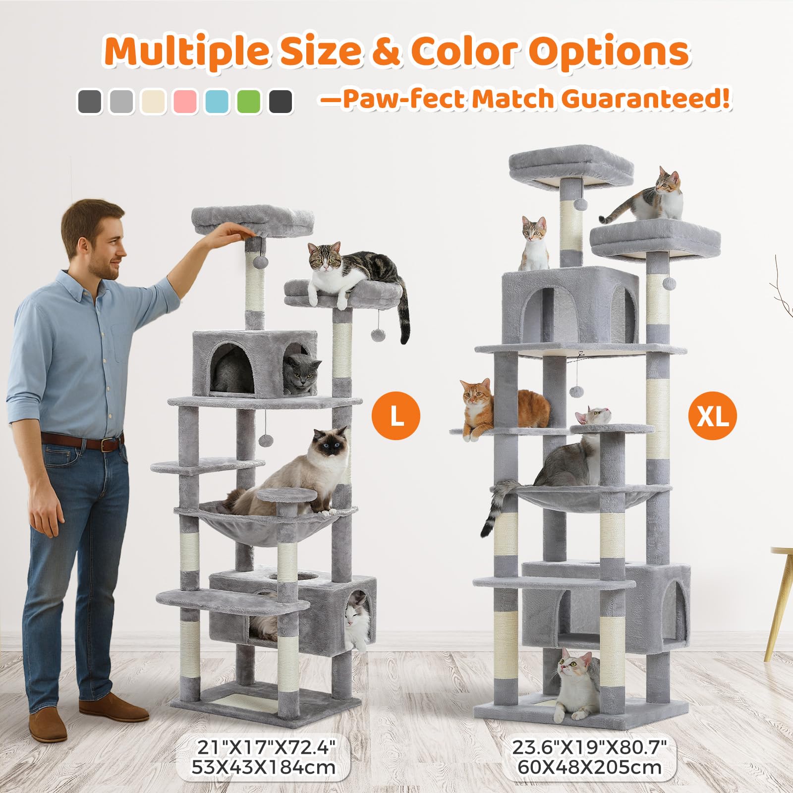 PAWZ Road 72-81 Inches Large Cat Tree, Tall Cat Tower with Large Mental Hammock for Indoor Cats Adults,7 Sisal-Covered Scratching Posts, 2 Padded Perches, Condos, and Basket