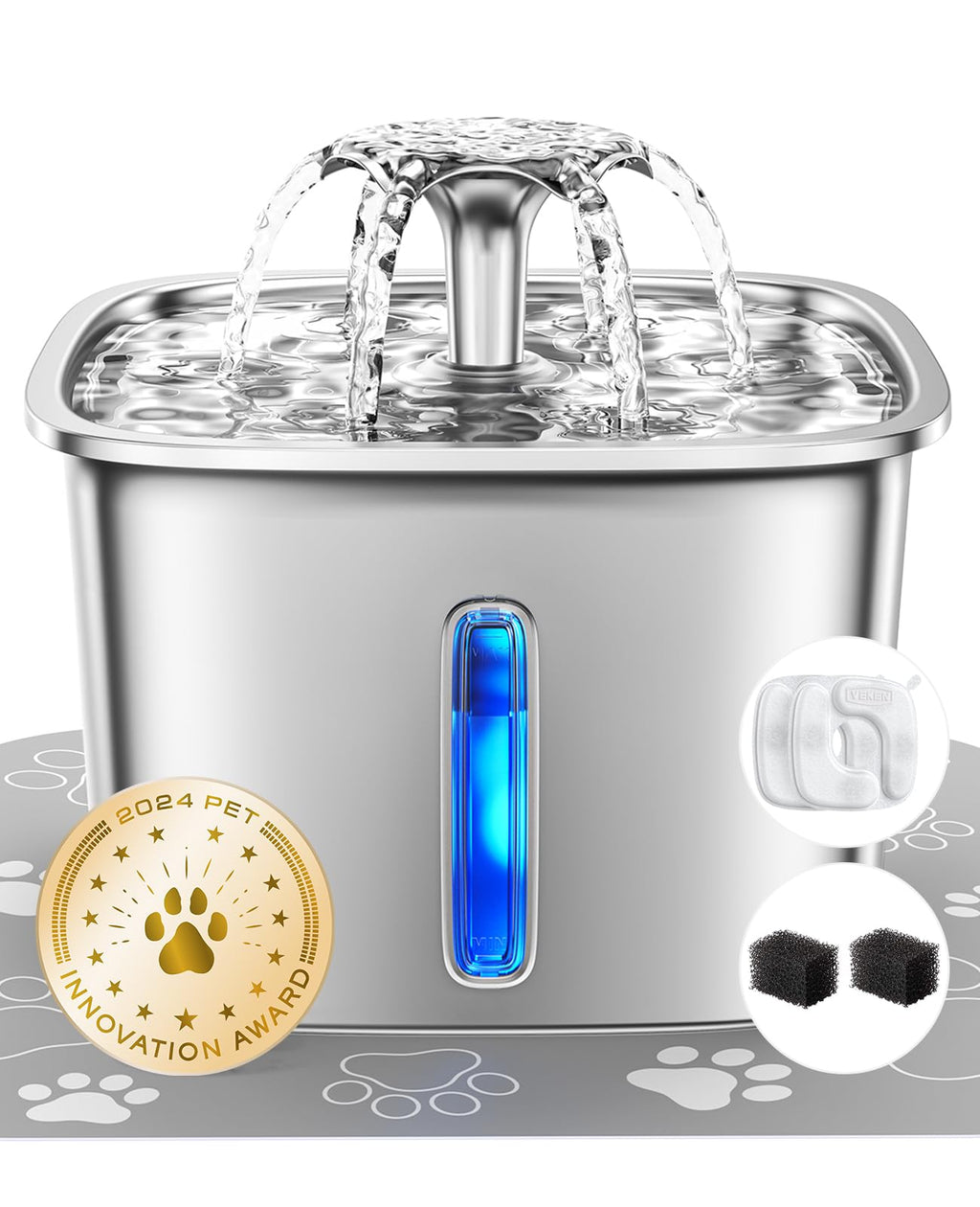 Veken — Fuente de Agua para Mascotas en Acero Inoxidable con Filtros de Repuesto y Tapete de Silicona para Gatos y Perros