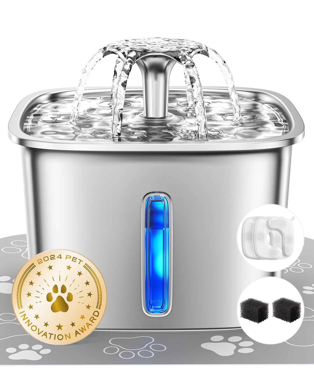 Veken — Fuente de Agua para Mascotas en Acero Inoxidable con Filtros de Repuesto y Tapete de Silicona para Gatos y Perros