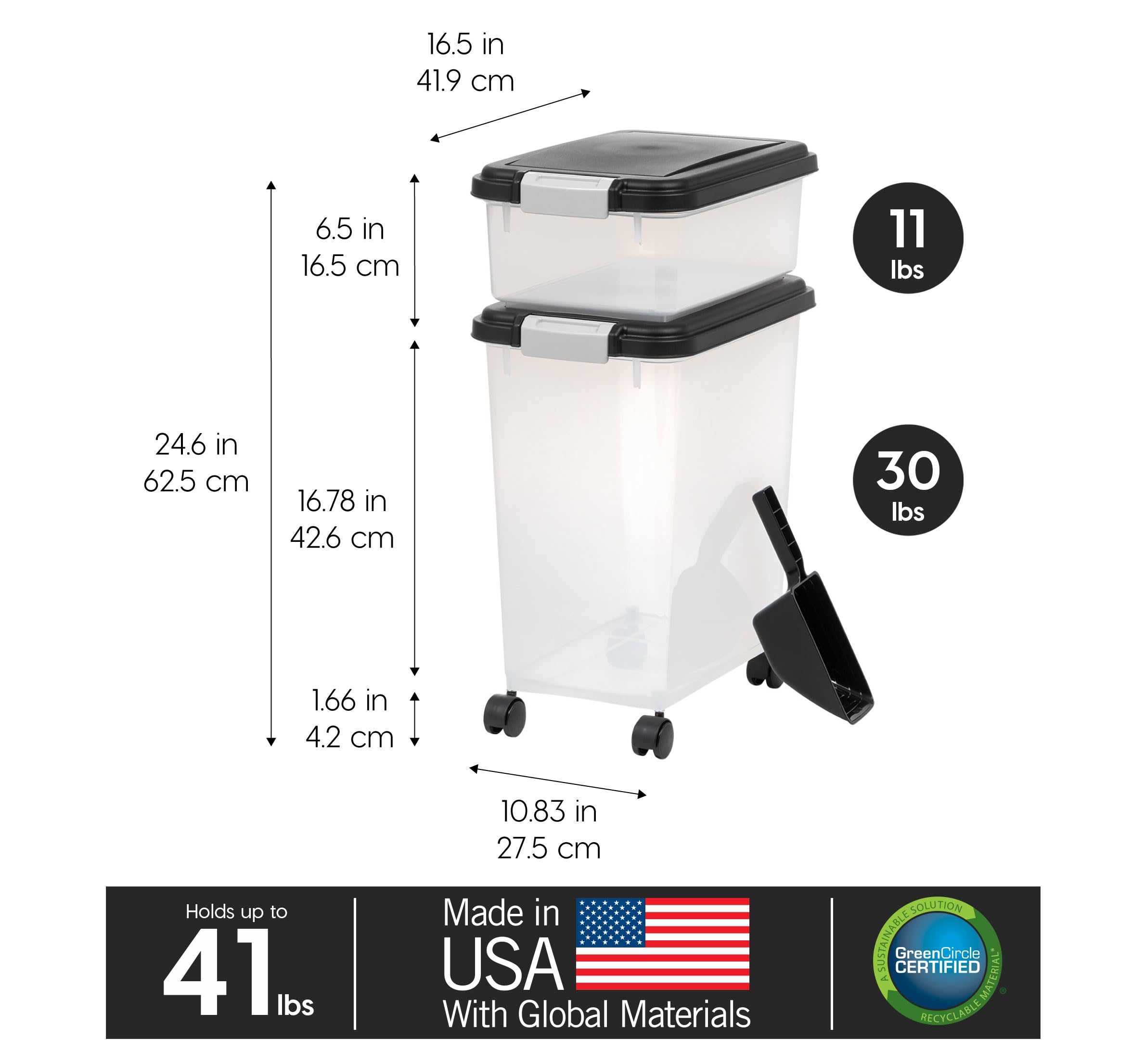 IRIS USA — Contenedor Hermético para Alimento de Perro y Gato, Combo 30 lbs y 11 lbs, Apilable con Ruedas y Taza Medidora de 2 Tazas